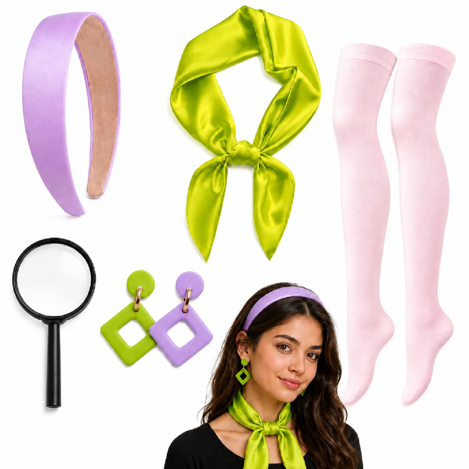 5Pcs Costume for Daphne Set,Purple Headband Green Scarf Socks & Magnifier