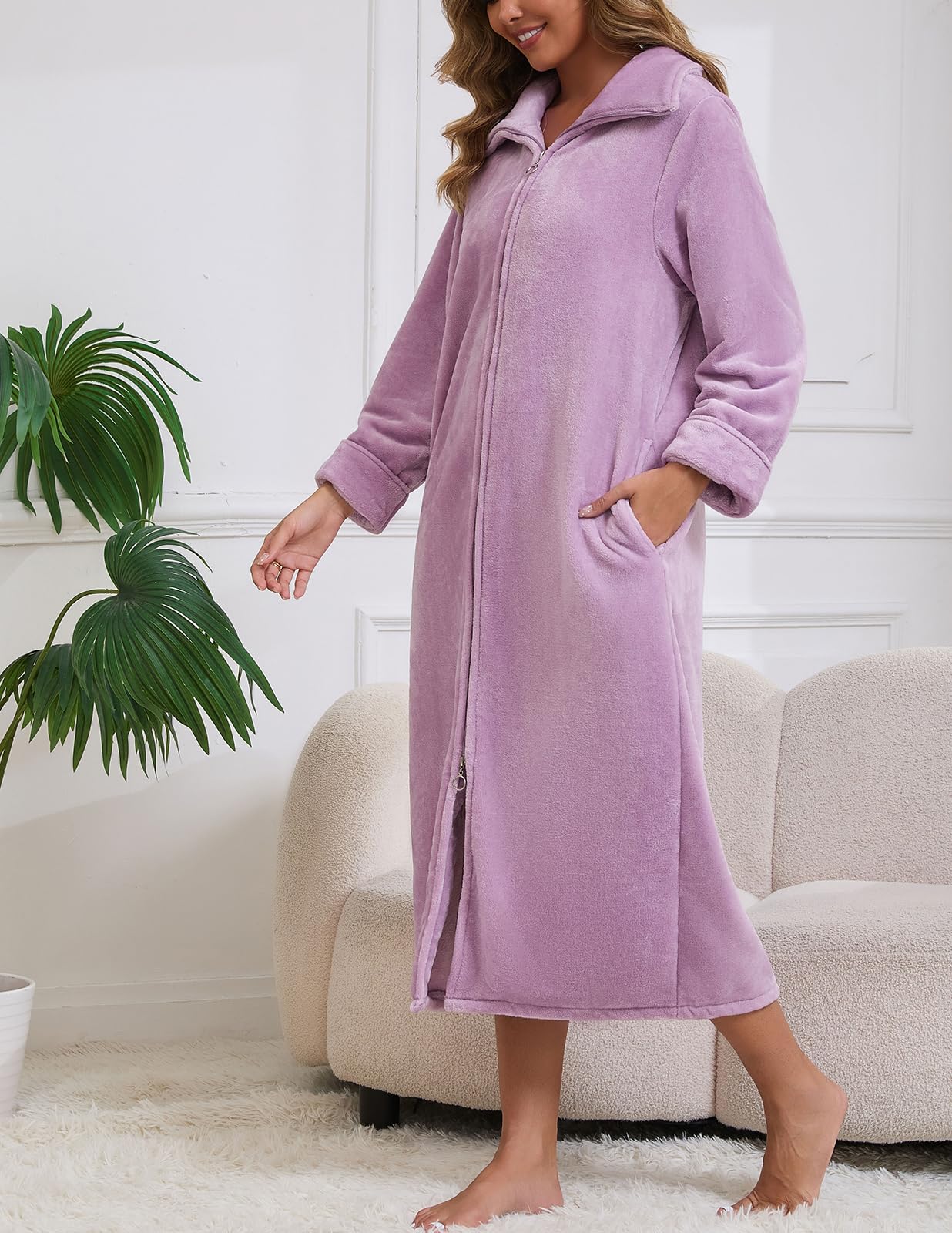 Rubehoow Accappatoio da donna in pile morbido e caldo cappotto di casa peluche flanella cerniera accappatoio con tasche per l'inverno