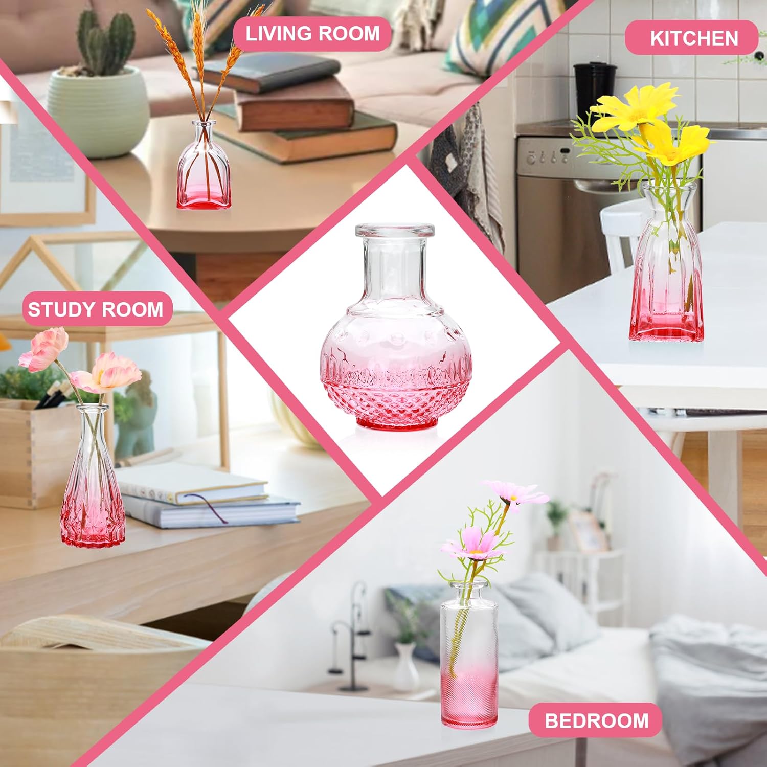Brajttt Pink Small Flower Vase Set, Glass Bud Vase in Bulk Set of 8,Artistic and Cultural Flavor Mini Vases for Home Office Decor, Bedroom, Office, Living Room Decorations,Wedding - Image 6