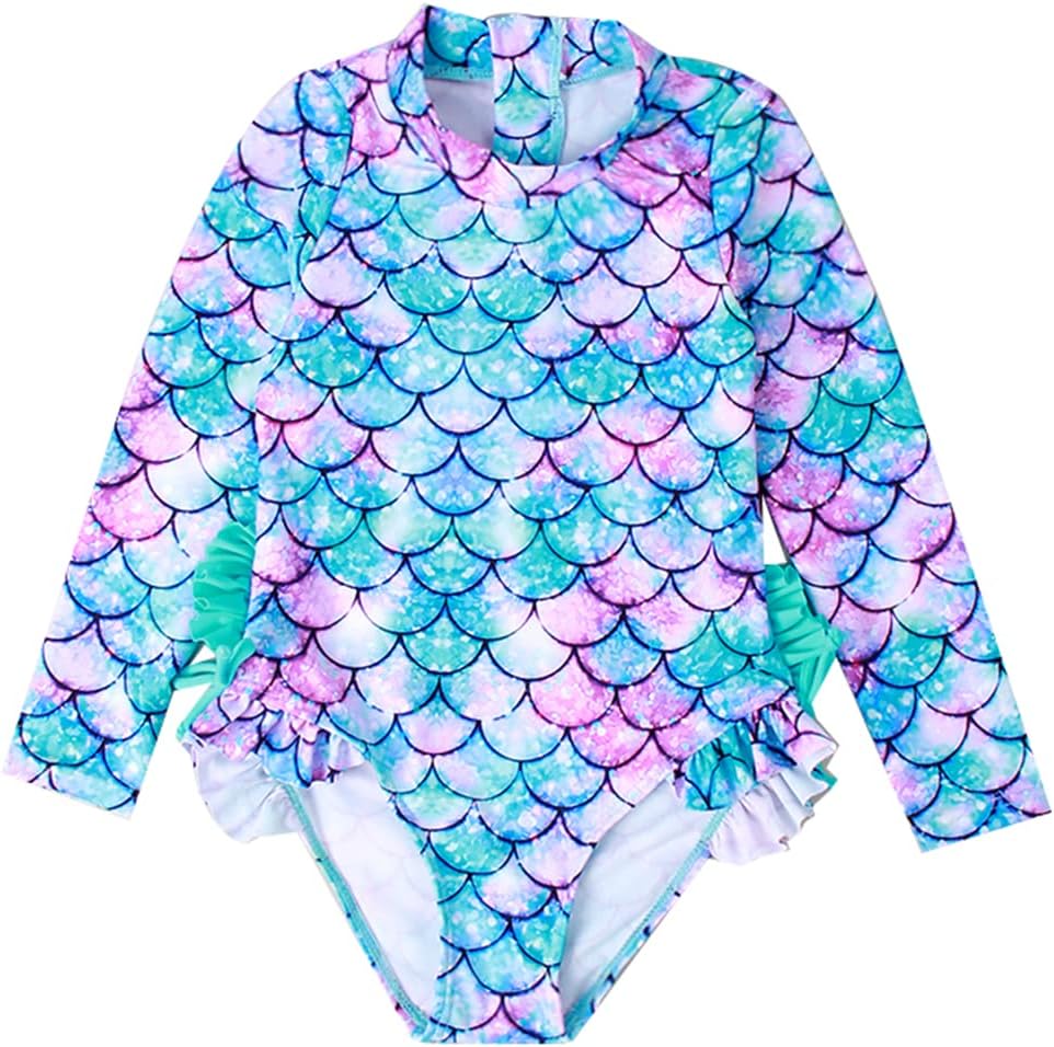 AfunbabyToddler Baby Little Girls Ruffle Butt Swimsuit Cute Mermaid Rash Guard One Piece Long Sleeve Bathing Suit