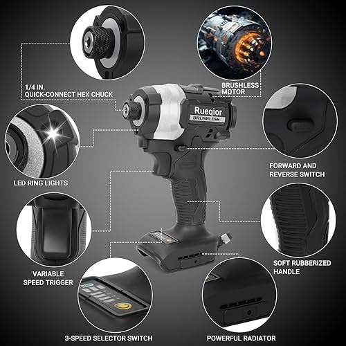 Miniatura 5 de Destornillador de impacto inalámbrico de 1/4 de pulgada para batería DeWalt de 20 V, controlador sin escobillas de 220 pies-libras (300 N.m),
