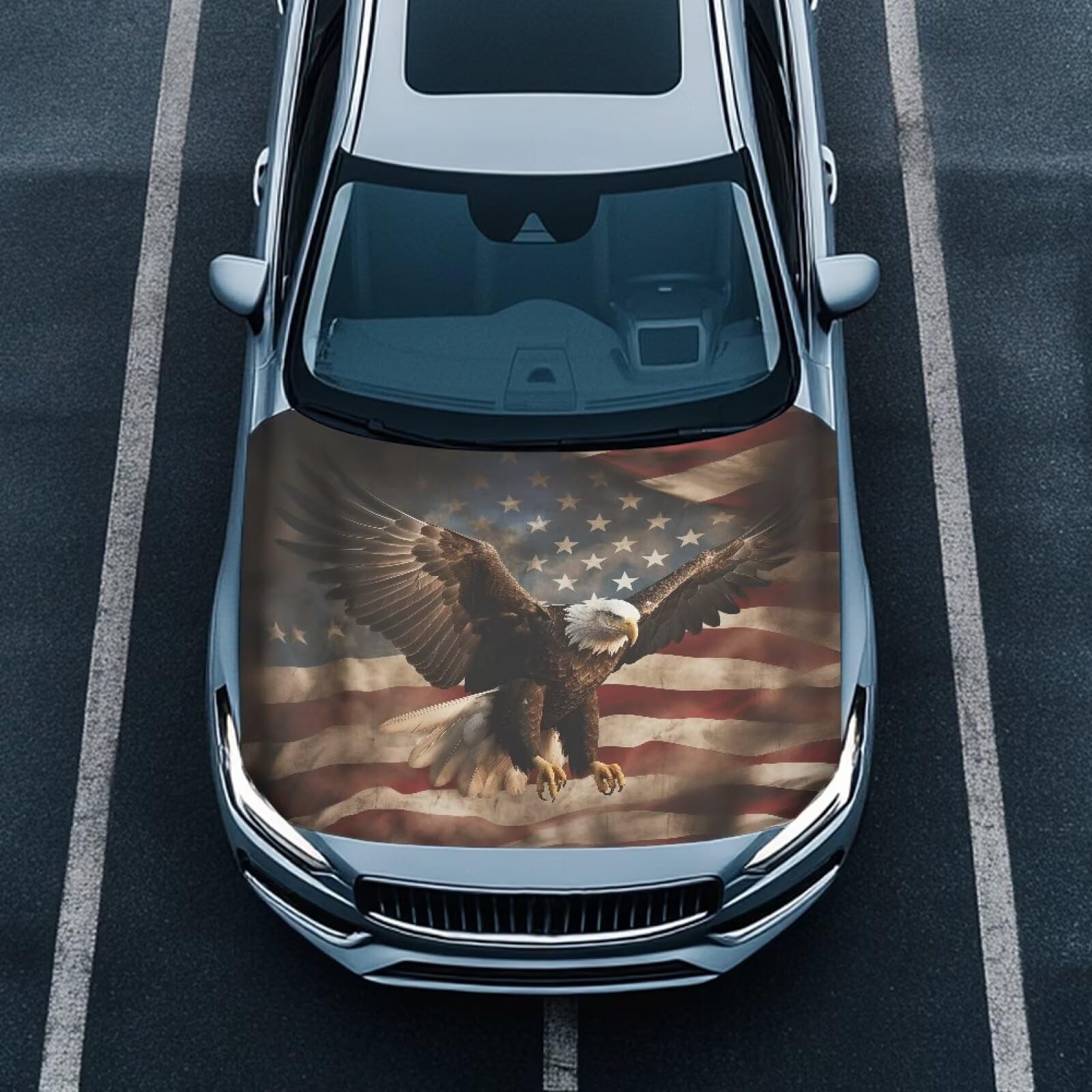Mintulipy Patriotic Car Hood Cover for Automobiles,Vintage Eagle and American Flag Car Bonnet Banner, Universal Fit,Stretchable, Waterproof Automotive