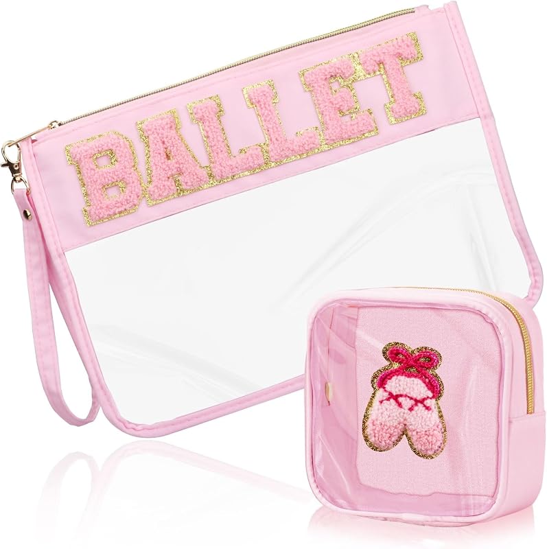 BuyCard Kit com 2 necessaires de balé em PVC transparente com zíper e patch de chenille, BALLET-Pink