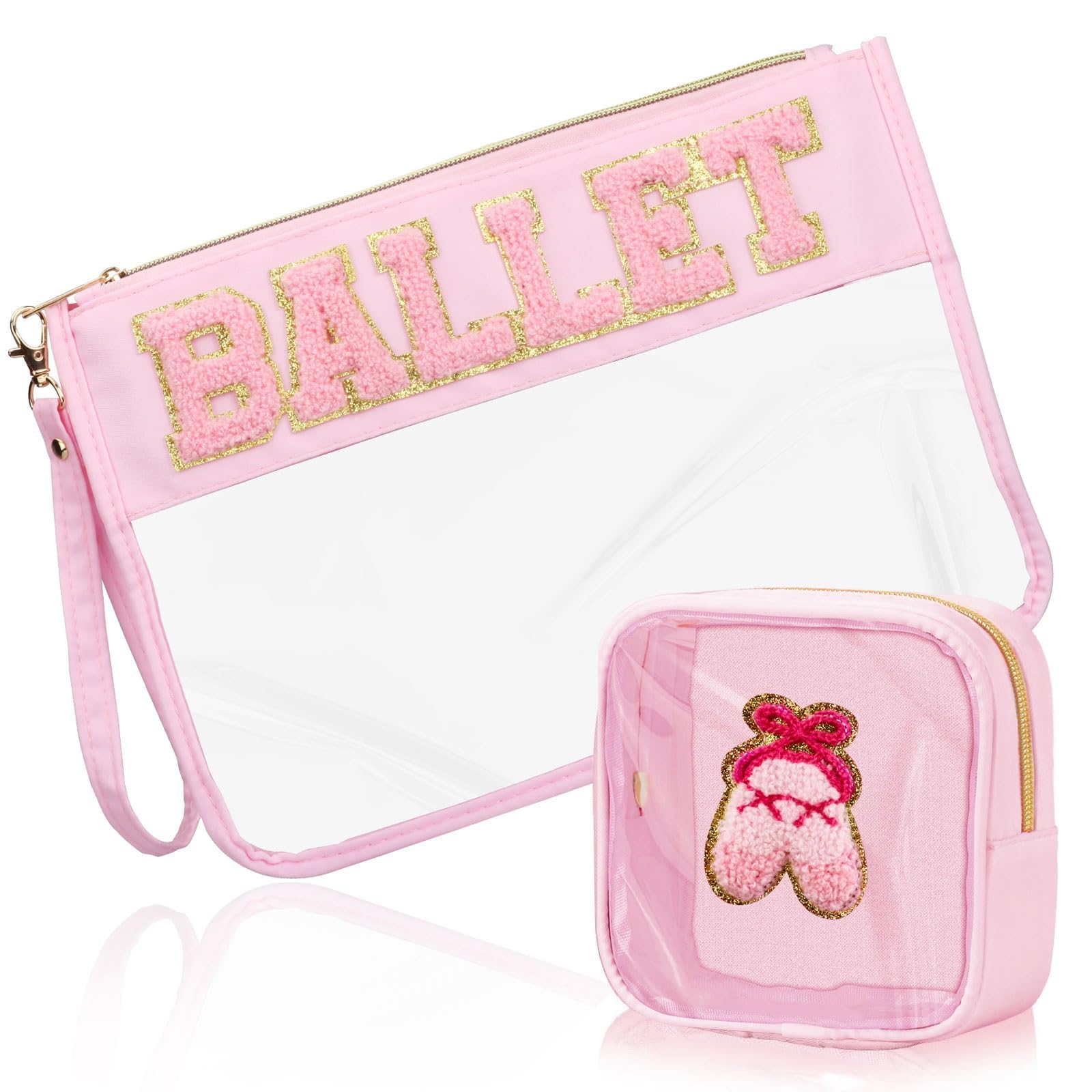 BuyCard 2 Pcs Ballet Gifts Cosmetic Makeup Bag with Chenille Letter Patch, Clear Pouch PVC Organizer Purse, Waterproof Travel Bag, Portable Toiletry