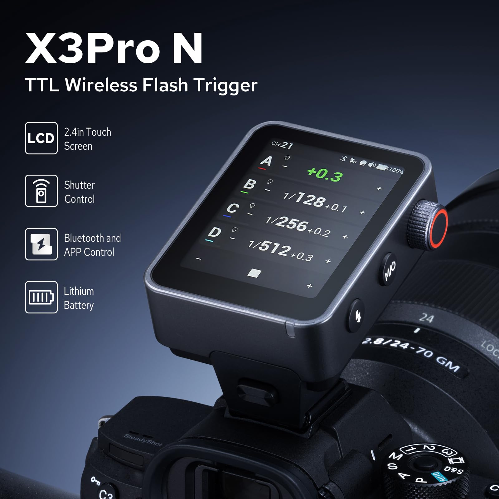 Godox X3Pro-N drahtloses Blitzauslöser für Nikon,2,4"-Touchscreen,16-Gruppensteuerung,1/8000s HSS TTL TCM-Funktion,USB-C-Ladeanschluss,30-tägige Akkulaufzeit, Blitzsender kompatibel mit Nikon-Kameras