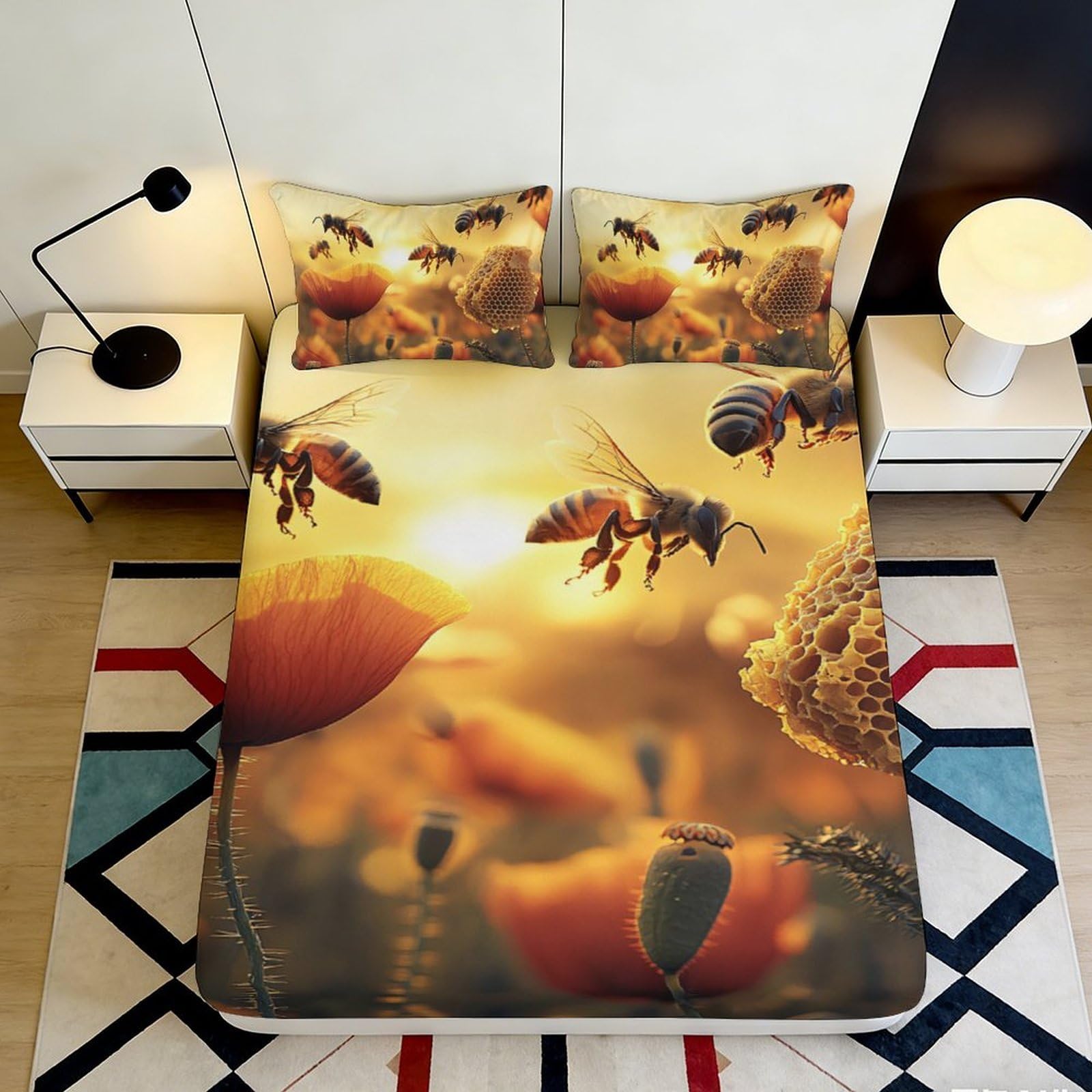 3D Printed Honey Bee Fitted Sheet Microfiber Soft Breathable Floral Mattress Cover for Bedroom Guest Room Decor 90x200x25cm