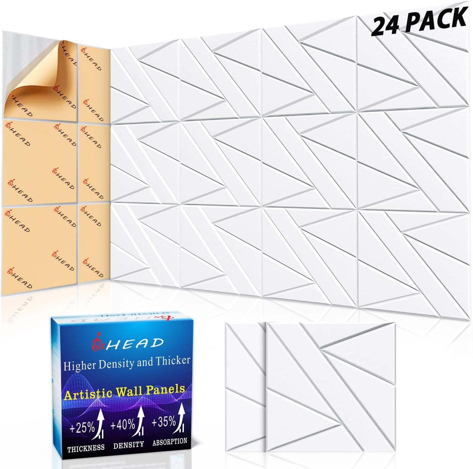 24 Pack Self-Adhesive Soundproof Wall Panels, 12 x 12 x 0.47 In Sound Proof Foam Panels for Walls, 1.2lb/ft³ High Density, Thicker 0.47in, Acoustic Panels, Noise Dampening Panels for Studio White