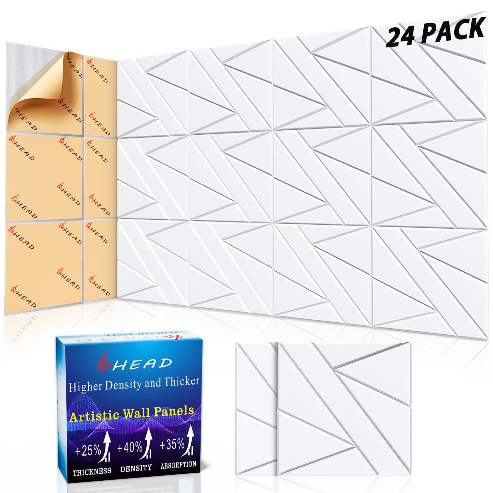 24 Pack Self-Adhesive Soundproof Wall Panels, 12 x 12 x 0.47 In Sound Proof Foam Panels for Walls, 1.2lb/ft³ High Density, Thicker 0.47in, Acoustic Panels, Noise Dampening Panels for Studio White