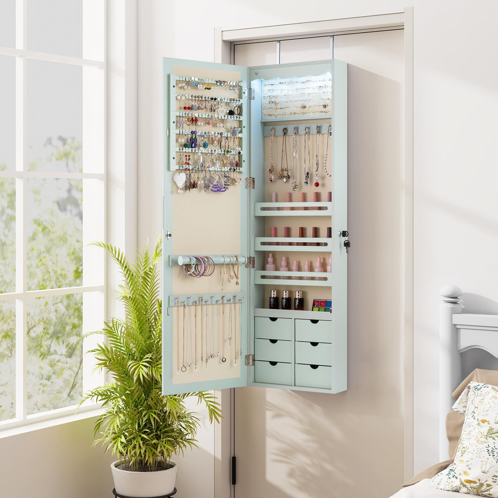 COSTWAY Schmuckschrank mit LED Beleuchtung, 6 Schubladen und Spiegel, Schmuck Sipegelschrank hängend, Hängeschrank für Tür und Wandmontage, abschließbar (Grün)