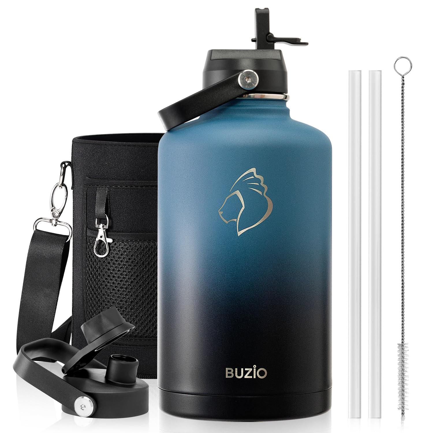 BUZIO 2,5L Edelstahl Trinkflasche isoliert mit Strohhalm & Ausgussdeckel | Große Wasser-Thermoflasche aus Metall, 48h kalt & 24h heiß, auslaufsichere Trinkflaschen,BPA-frei, für Fitnessstudio, Reisen