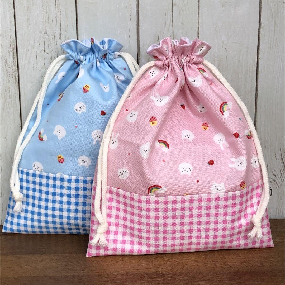 SALE✳︎ハンドメイド✳︎巾着うさぎ✖️チェックコップ袋などにも♪母