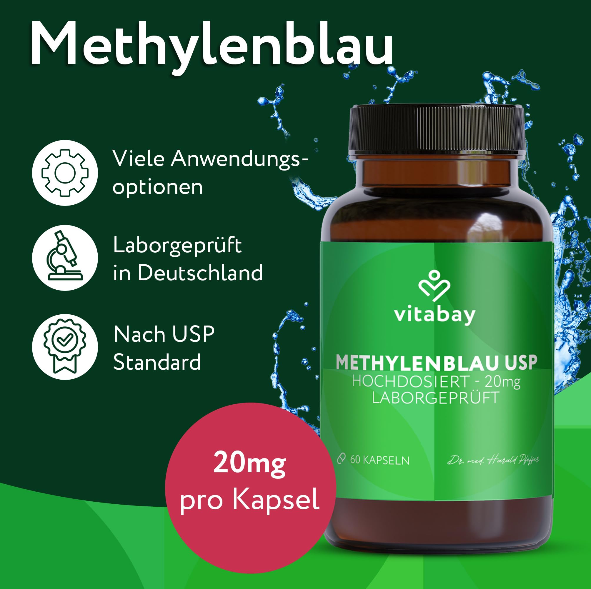 Vitabay Methylenblau Kapseln – 180 Stück – mit 20 mg Methylenblau | pro Kapsel – entwickelt für Forschungs- und Analysezwecke – Laborgeprüft in Deutschland