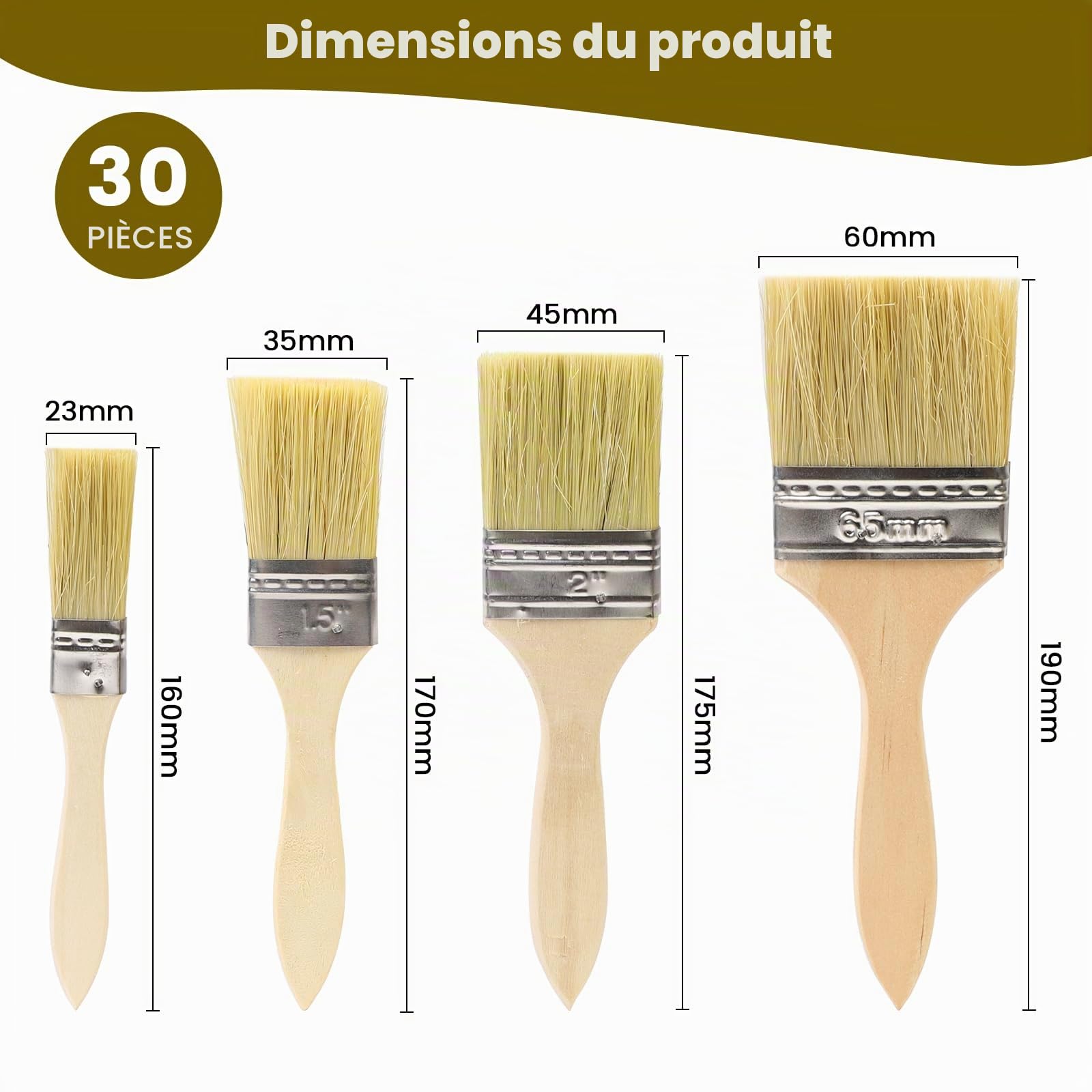 30 Pièces Pinceaux à Peinture 23/35/45/60 mm Pinceau Peinture Mur Pinceau Large Spalter Pinceaux Plat pour Meubles Ensemble de Pinceaux pour Vernis Huiles Peintures Murales