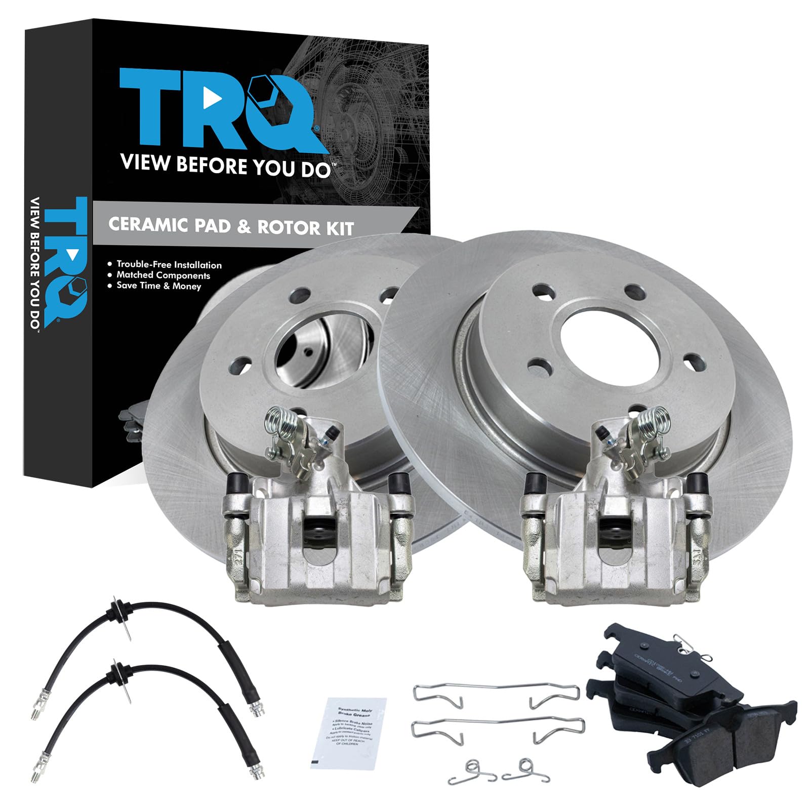 TRQ Rear Brake Pad and Rotor Set Ceramic Rotors Calipers Hoses Compatible with 2012-2016 Ford Focus