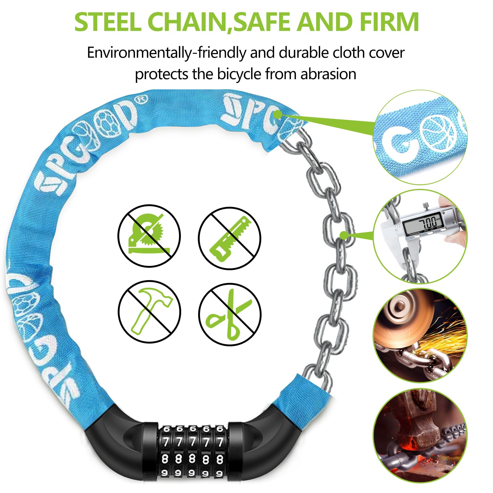 SPGOOD Lucchetto Bici Catena Bicicletta (14 Colori) Antifurto a Combinazione a 5 Cifre, per Bicicletta, Moto, Porta, cancello, Recinzione
