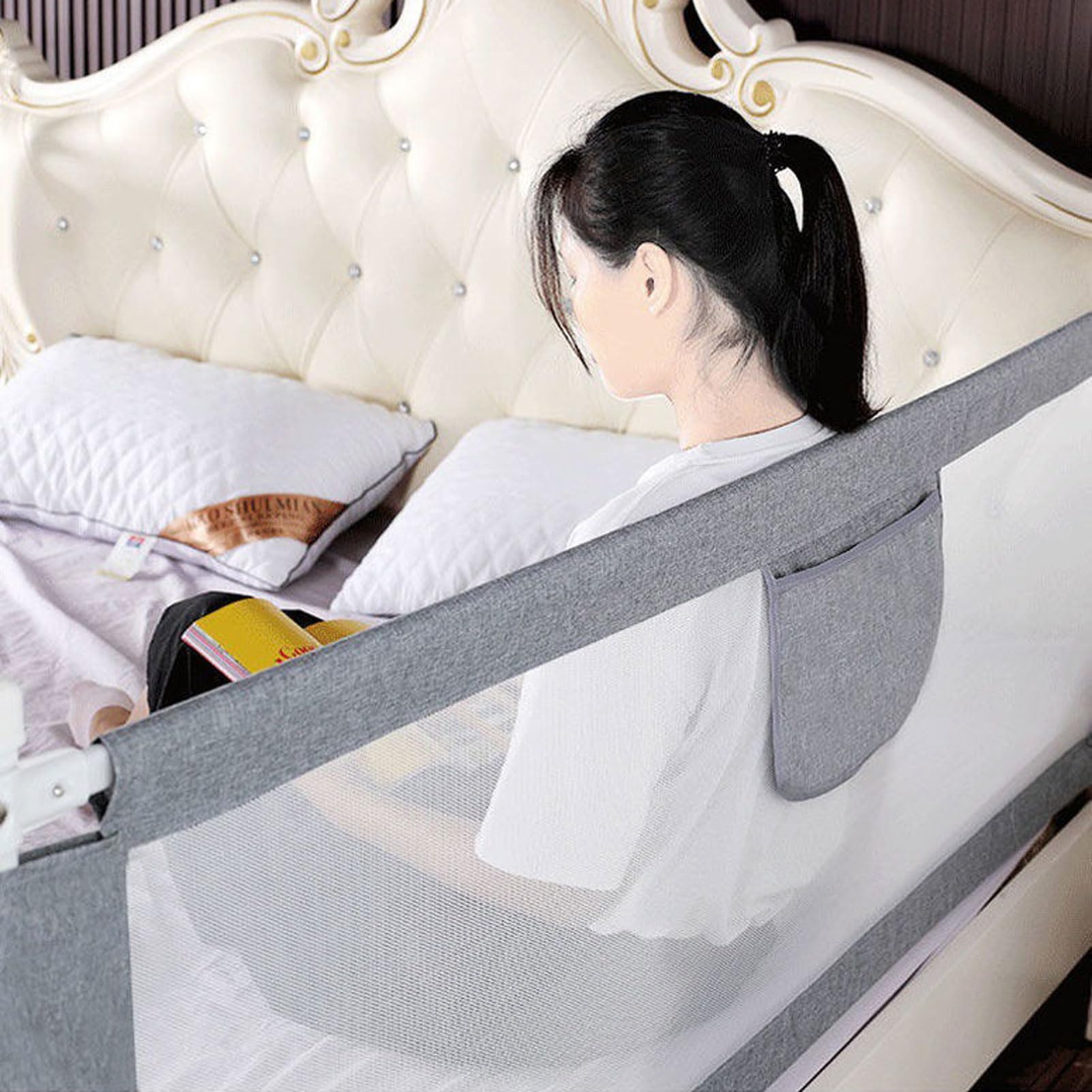 Barandilla de Seguridad para Cama de bebé o niño pequeño, extralarga, Plegable, Vertical y con Sistema de Anclaje Reforzado, para Cama Individual, Cama matrimonial o Cama Queen (A