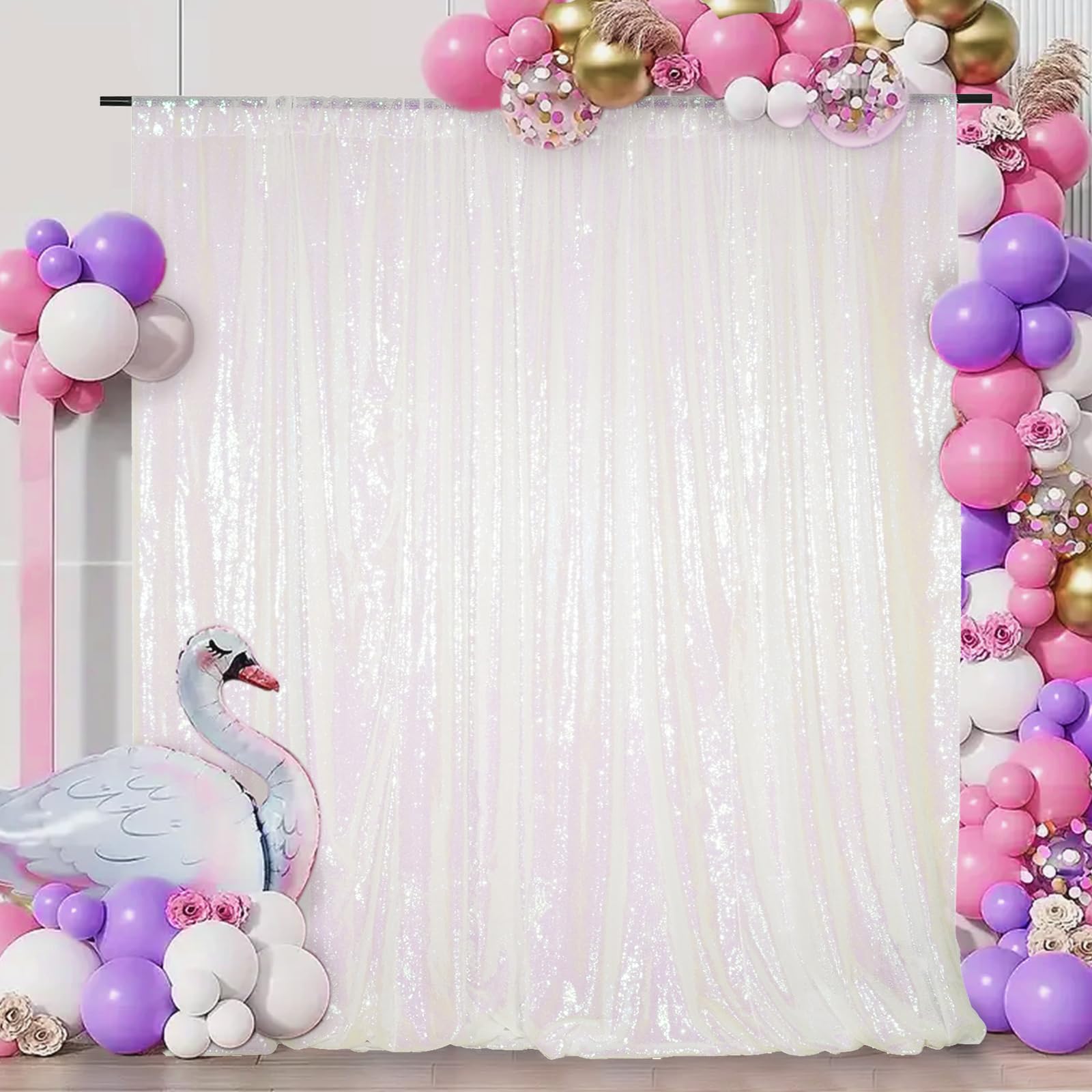 Juya Delight White Iridescent Sequin Backdrop, 6ftx6ft Glitter Photo Backdrop Curtain for Birthday Party Wedding Festival Ceremony