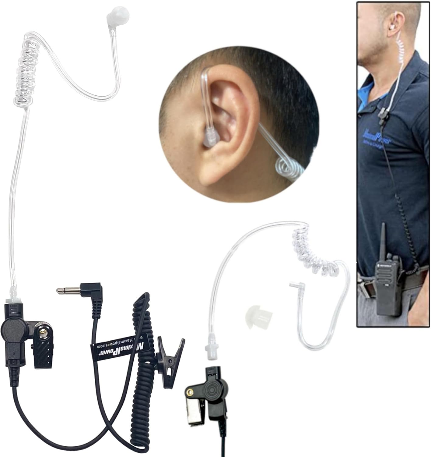 Close-up of the clear coil tube earbud inserted into an ear, with a person wearing the earpiece and a two-way radio clipped to their belt.