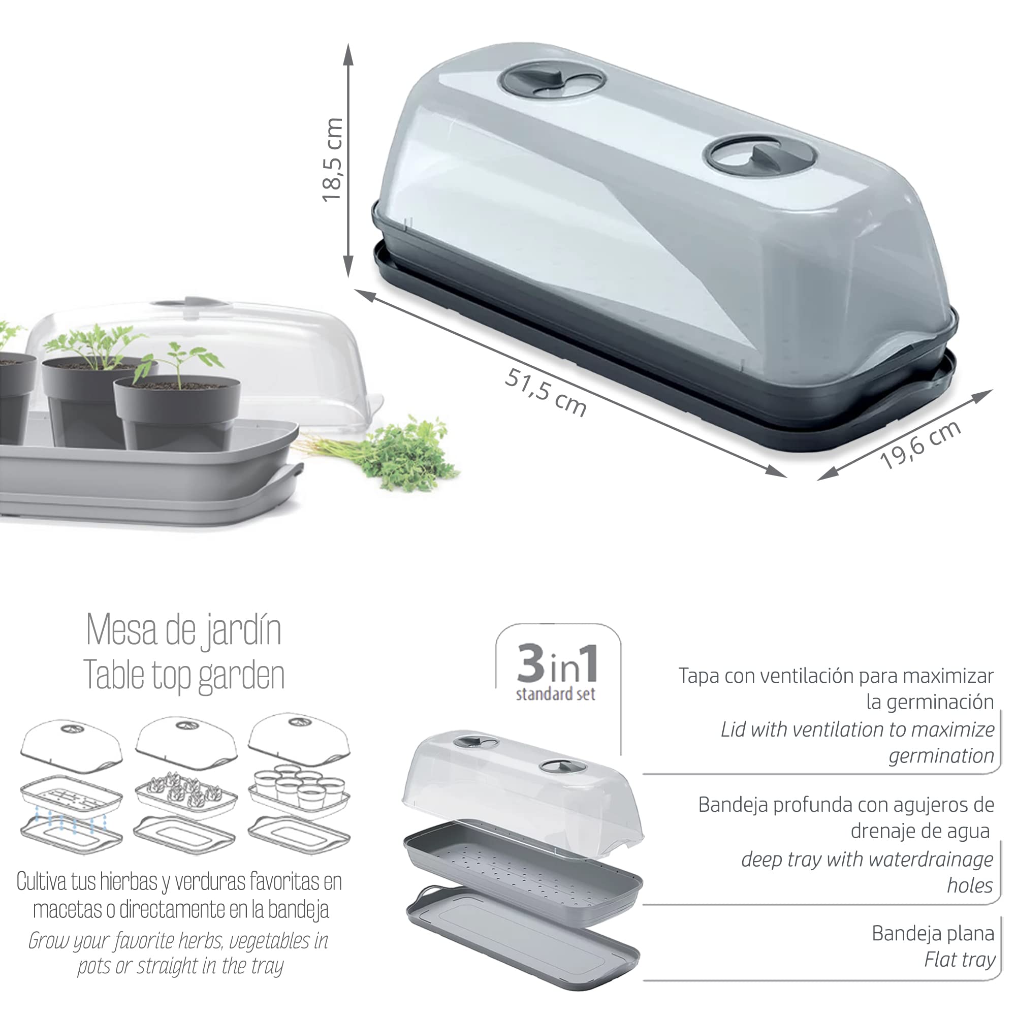 Prosperplast Semillero/Bandeja Multiusos respana Table Greenhouse, Dimensiones (mm) 515x196x185, Color Antracita