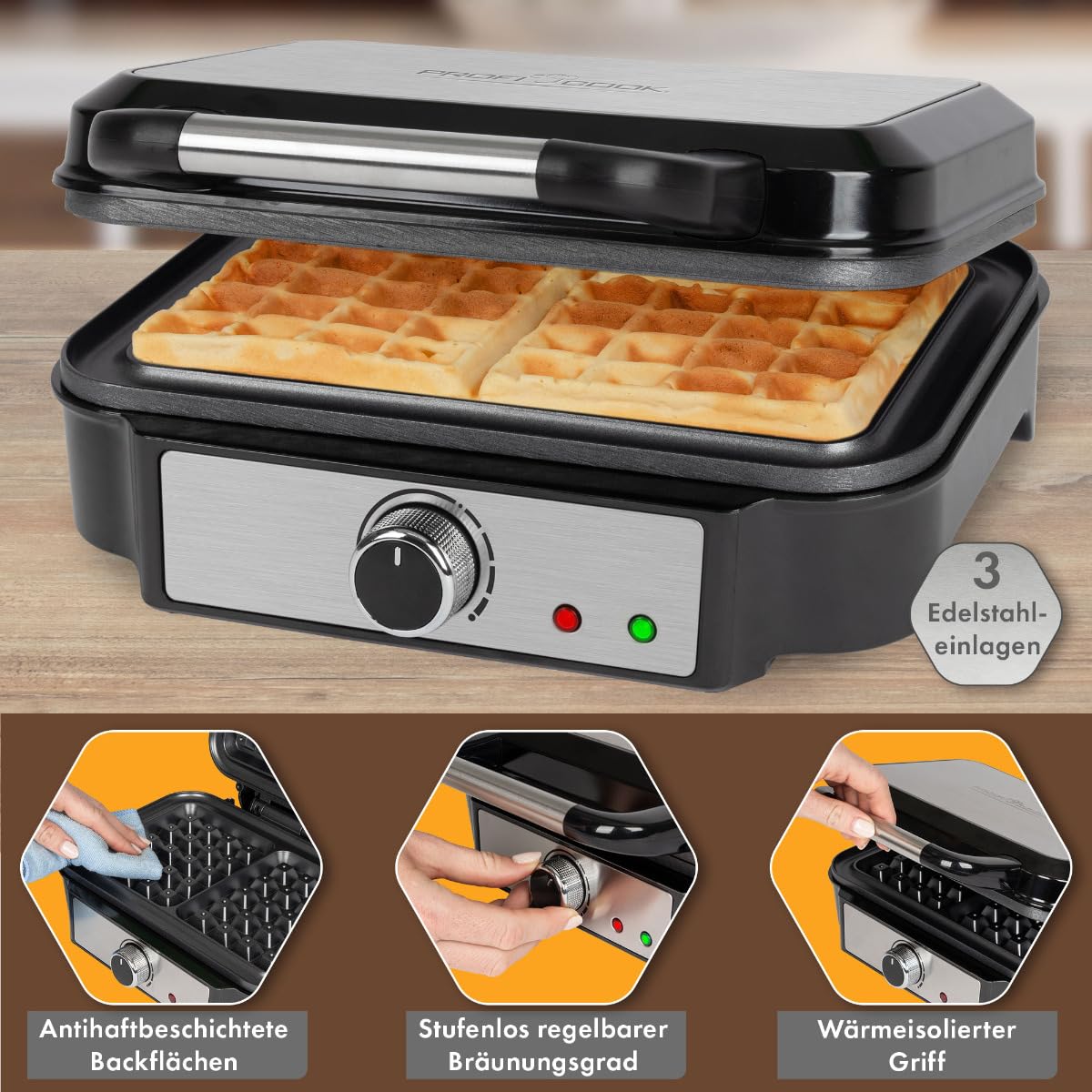 ProfiCook Plancha para gofres belgas con 2 superficies para hornear, 1000 vatios de acero inoxidable con revestimiento antiadherente, grado de bronceado variable, PC-WA 1240
