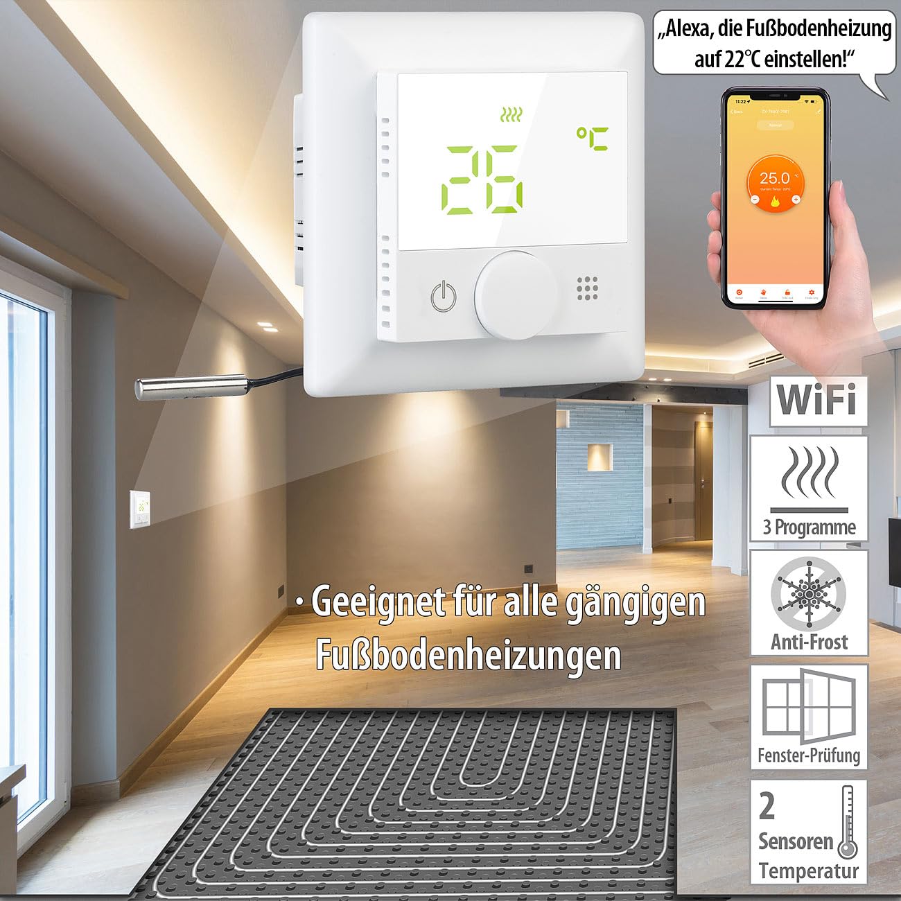 Thermostat connecté pour chauffage au sol avec capteur externe, blanc [revolt]