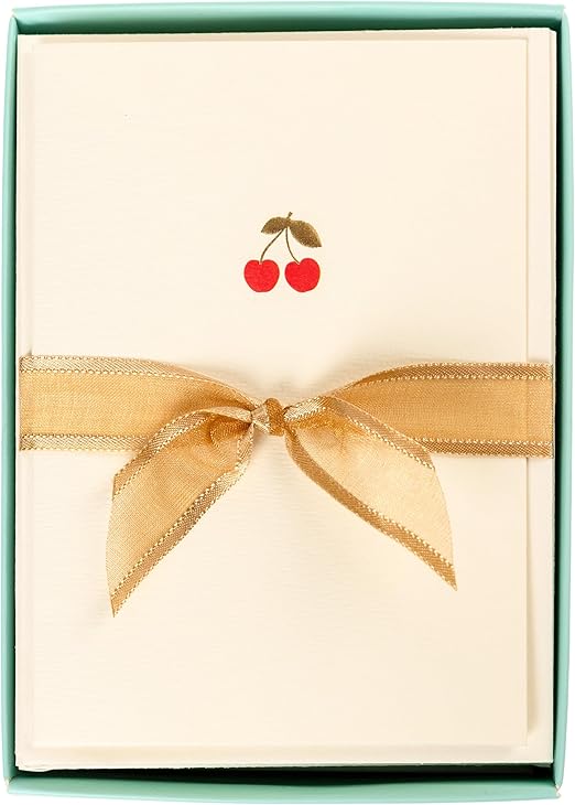 Graphique Cherries Cards, Pack of 10 Cards with Envelopes, All Occasion Greetings, Blank Inside, Gold Foil Embossing, La Petite Press Collection Boxed Set, 3.25" x 4.75"