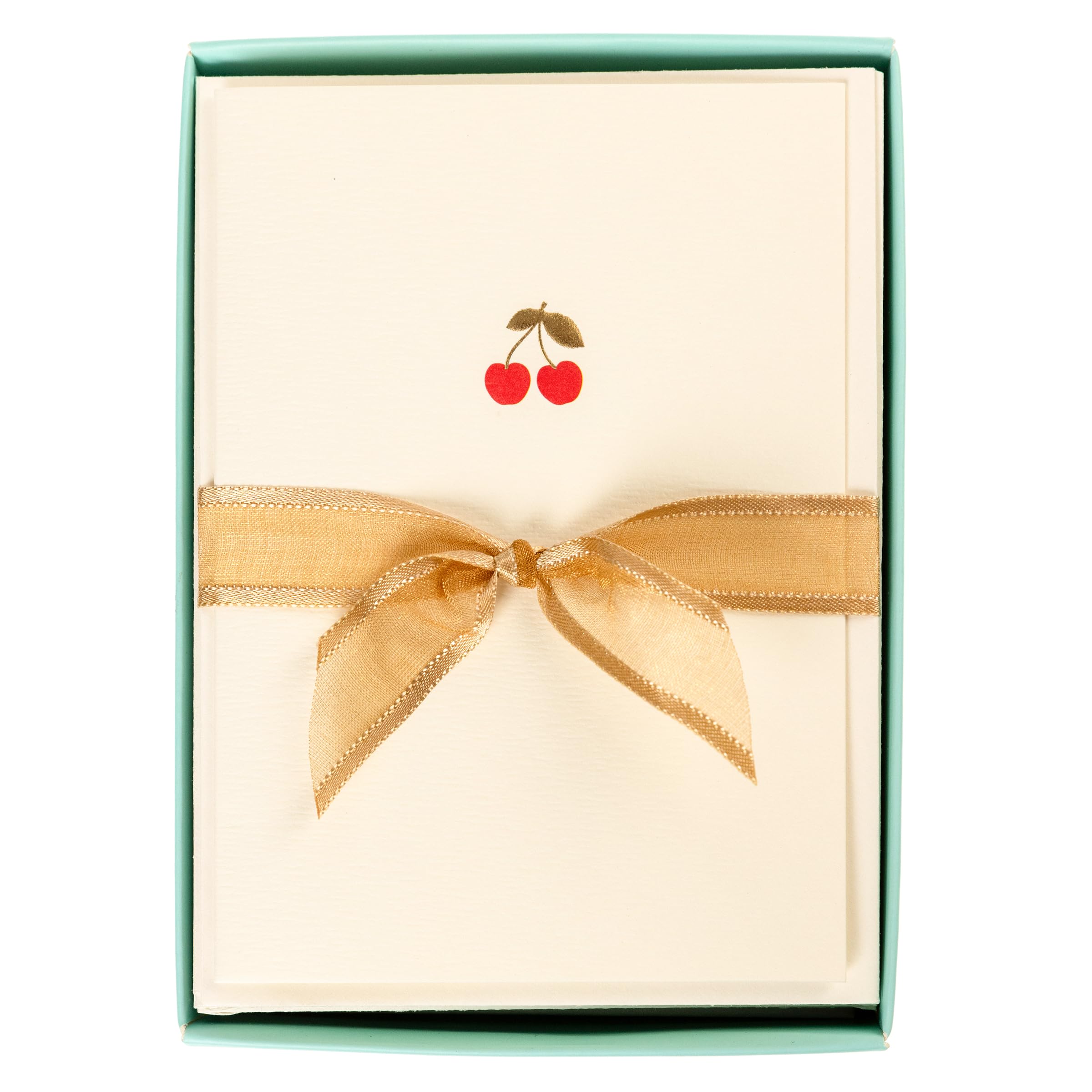 Graphique Cherries Cards, Pack of 10 Cards with Envelopes, All Occasion Greetings, Blank Inside, Gold Foil Embossing, La Petite Press Collection Boxed Set, 3.25" x 4.75"