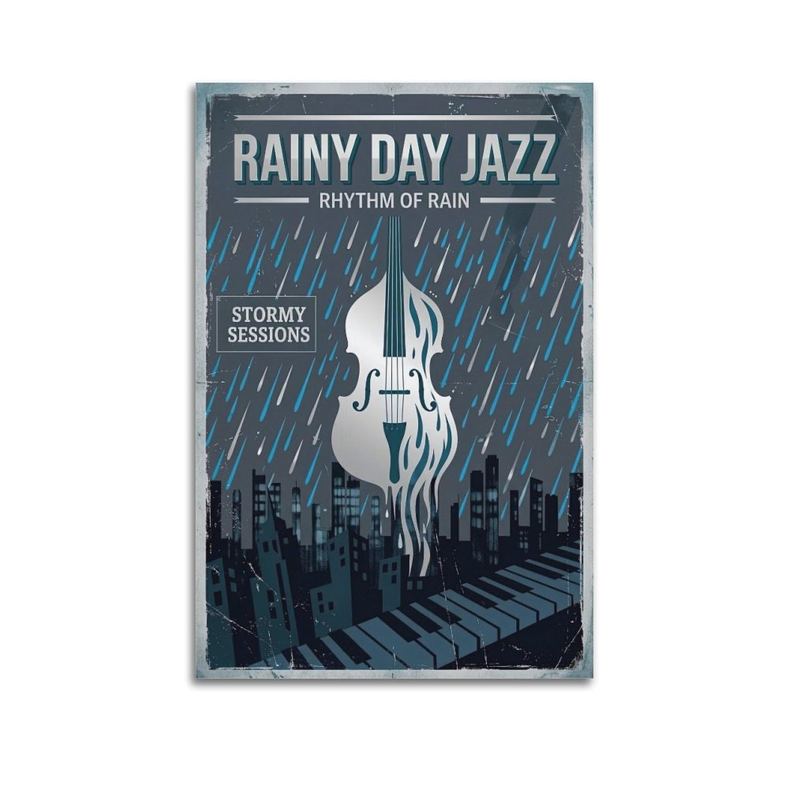 OKNGB Vintage Blue Jazz Poster Retro Double Bass Music Inspired Decorative Painting Canvas Art Picture 20x30inch(50x75cm)