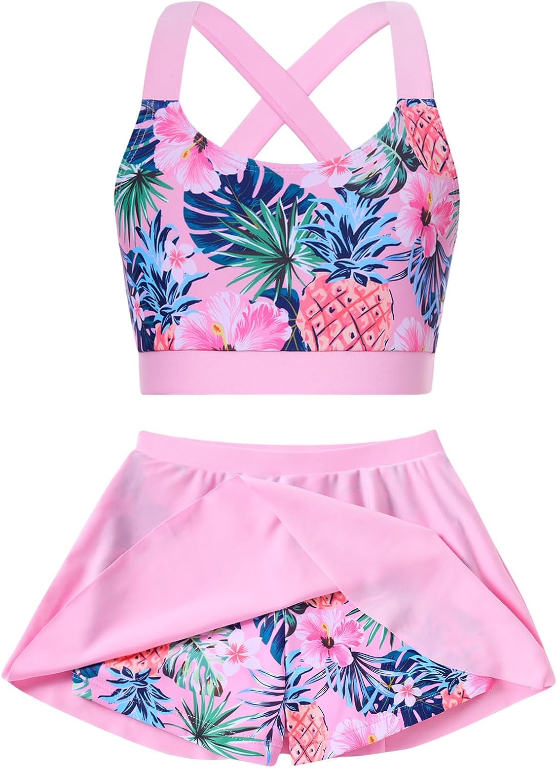 AIDEAONE Two Piece Swimsuit for Girls Size 10-11 Pink Pineapple Print Swimming Suit with Skirt Tankini Sets Hawaiian Bathing Suit