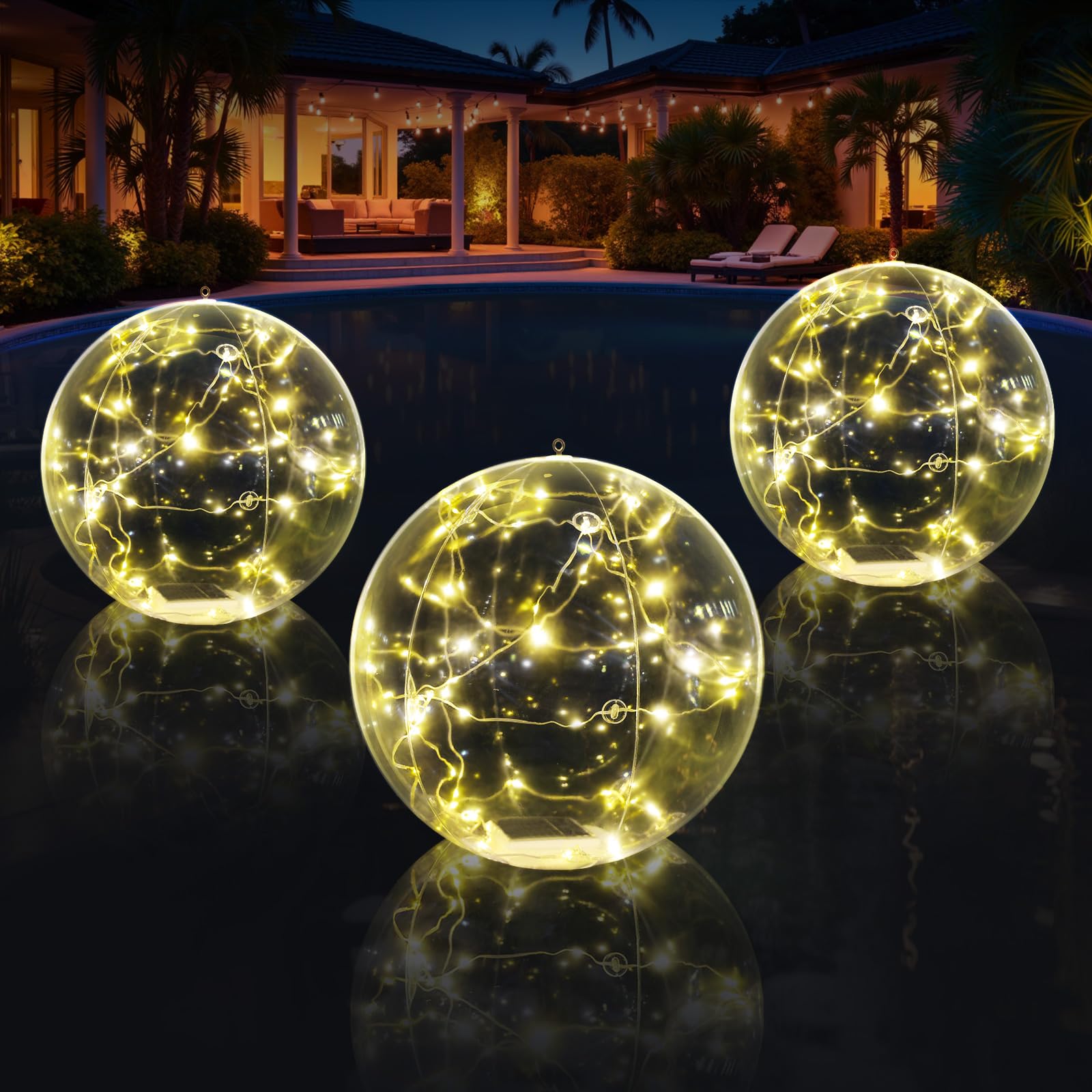 Askyli Floating Pool Lights,15" Inflatable Warm White LED Solar Pool Lights That Float, IP68 Waterproof Floating Light Up Ball, Auto Light up Floating Lights for Pool Party Wedding Decor (1 Piece)