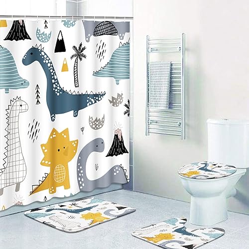 Miniatura 7 de ArtSocket Juego de baño de dinosaurio con cortina de ducha y accesorios de alfombras, bonito juego de cortina de ducha para niños, cortina de ducha