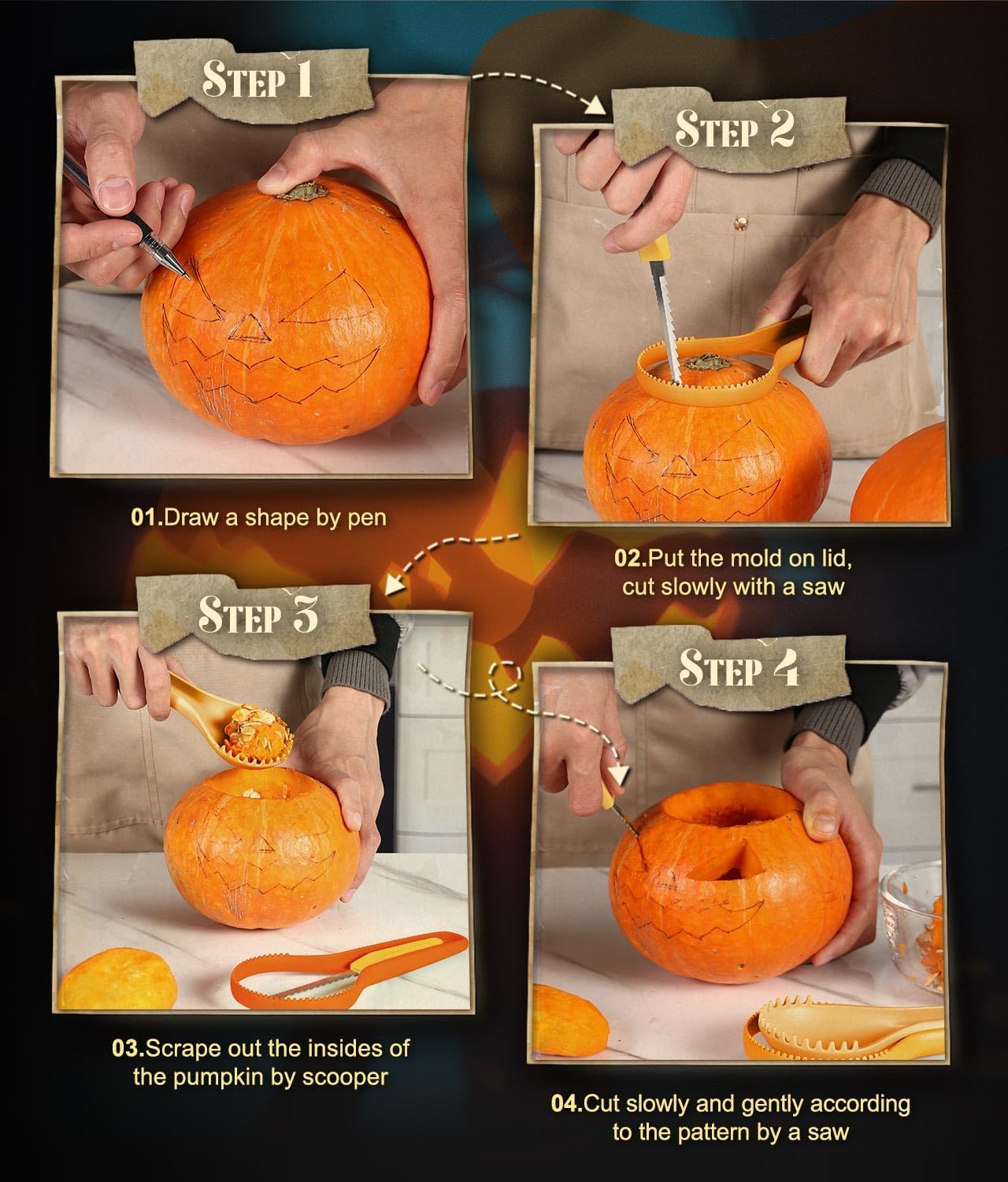 Kit de Tallado de Calabaza de Halloween, 3pcs Herramientas Para Tallar Calabazas, Cuchillo Tallar Calabaza, Tallado de Calabaza de Halloween DIY