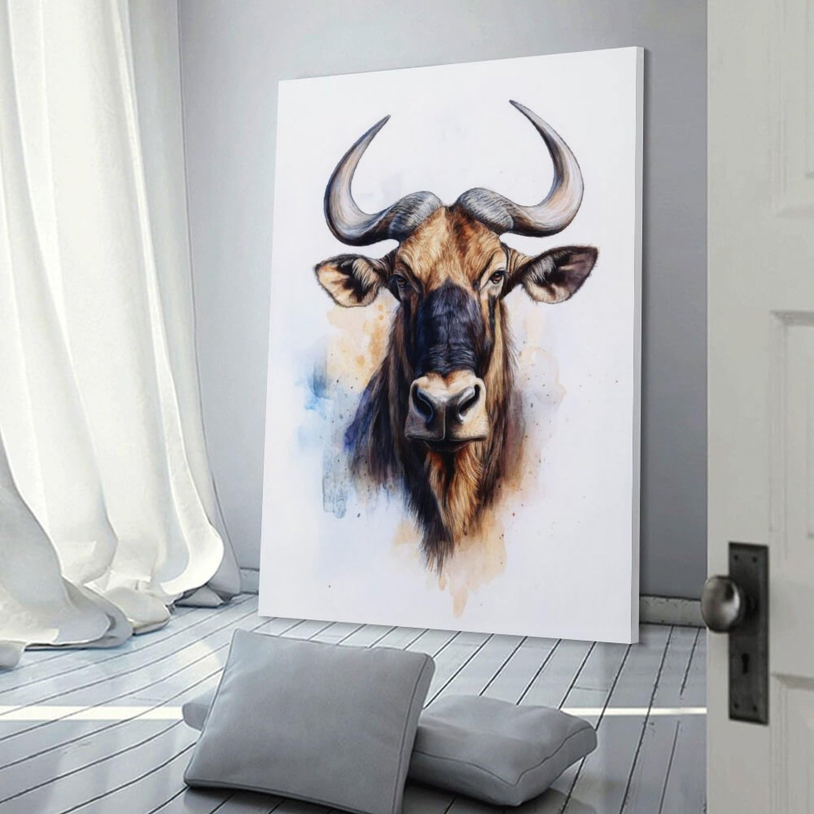 Junmoney Wildebeest Watercolor Portrait Canvas Art Print 24x36inch(60x90cm), for New Homes, Bedrooms Or Workspaces, Gift Idea for Housewarming And Birthdays