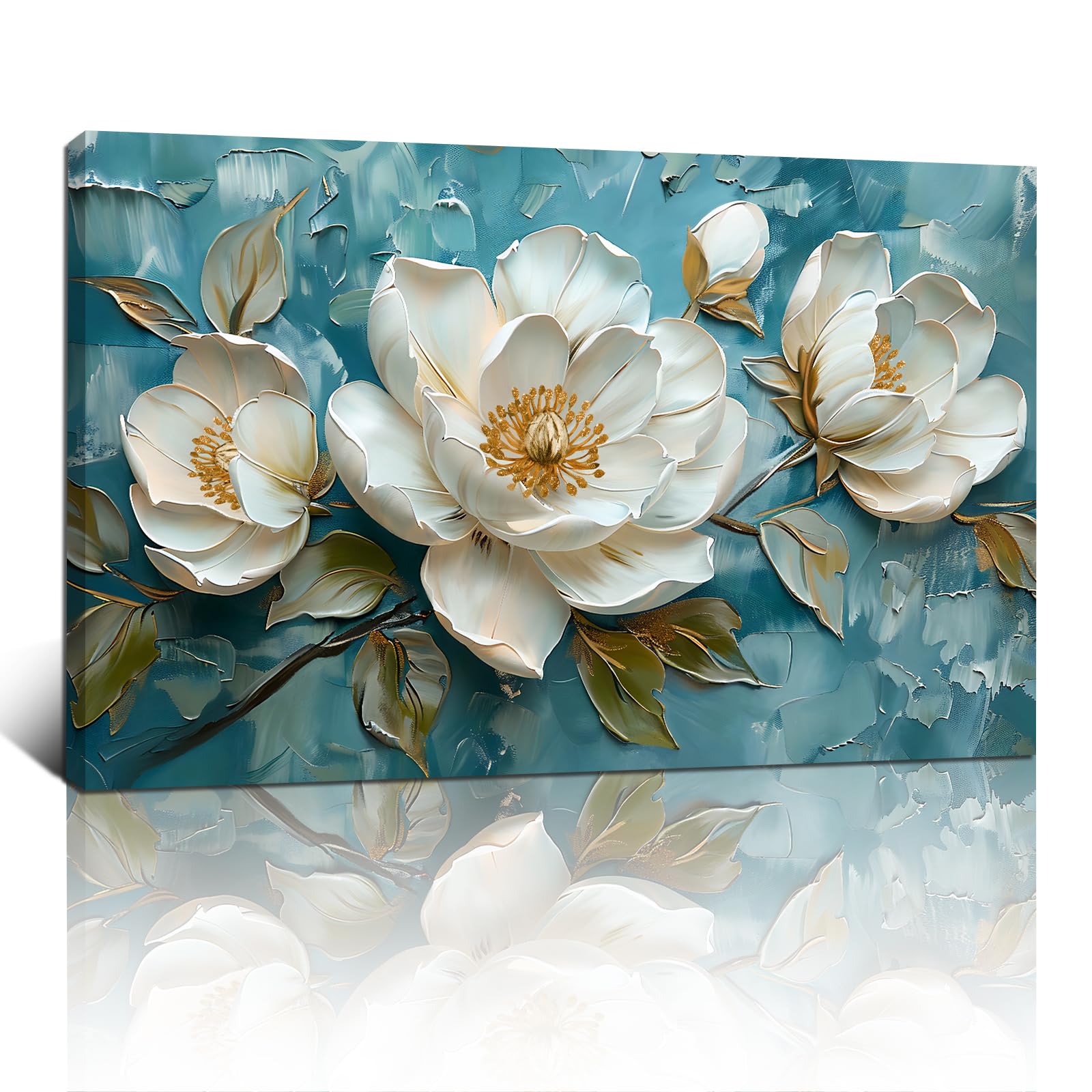 FajerminArt Framed Large White Peony Flowers Canvas Wall Art Vintage Blue White Floral Canvas Prints Painting Wall Artwork Picture for Living Room Bedroom Home Decorations Ready To Hang 24"x36"