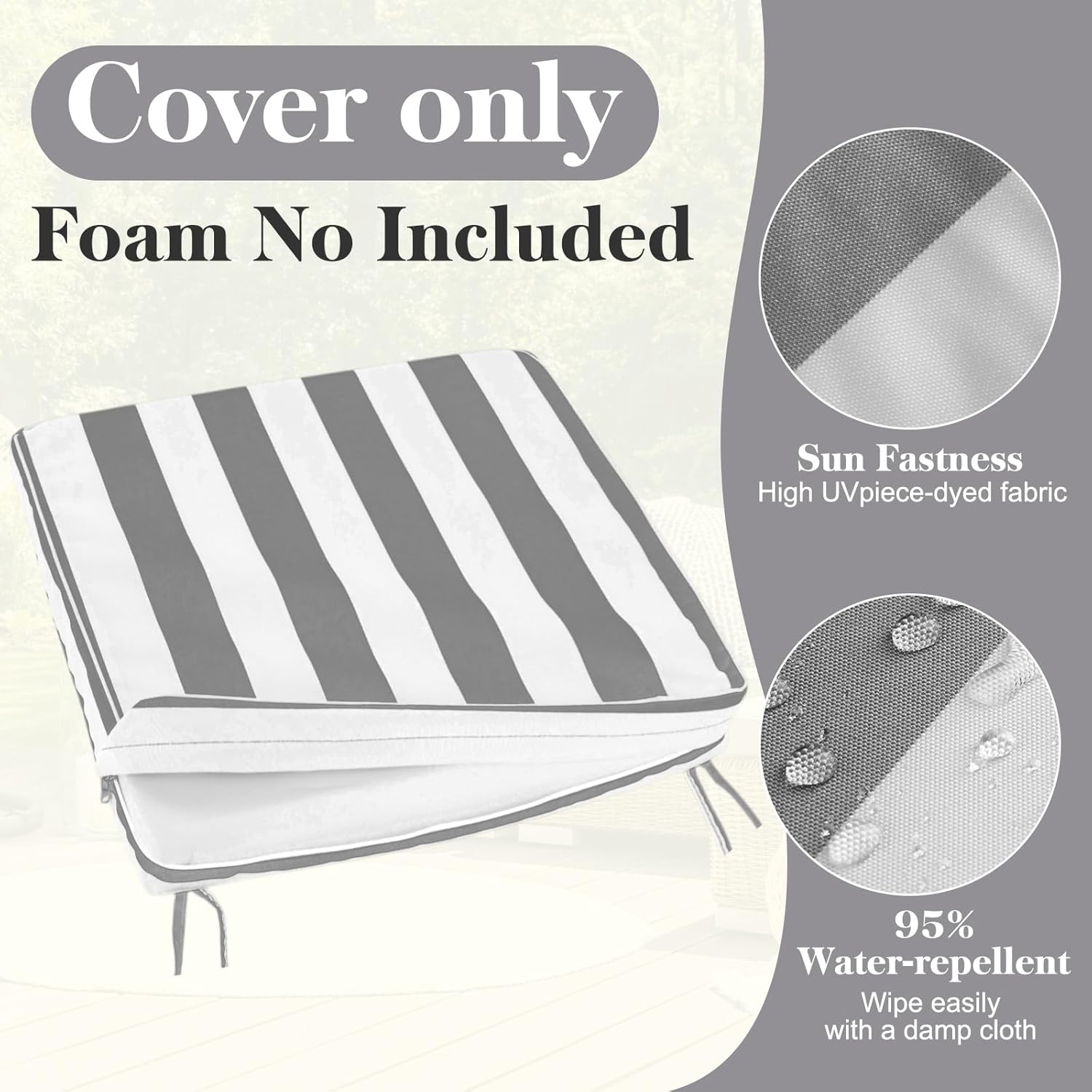 Leinuosen 4 Pcs Patio Cushion Covers 19'' x 19'' x 3'' Outdoor Cushion Covers Replacement Waterproof Slipcover Furniture Protectors with Zipper Ties Handle, Cover Only(Stone Grey Cabana Stripe)