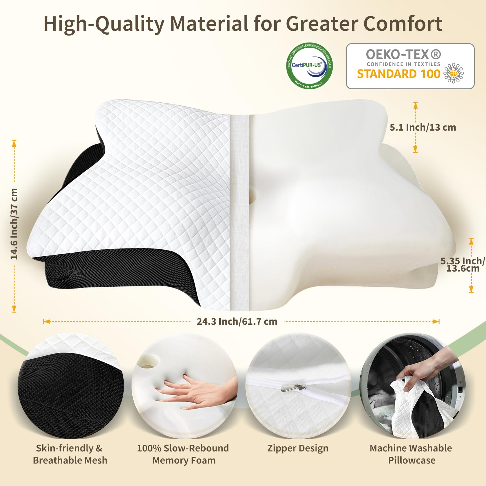 Cuscino per dolori al collo, cuscino ortopedico in memory foam, cuscino ergonomico per chi dorme sul fianco, cuscino cervicale per dorme laterale, schiena e addome, 61,7 x 37 x 13/13,6 cm