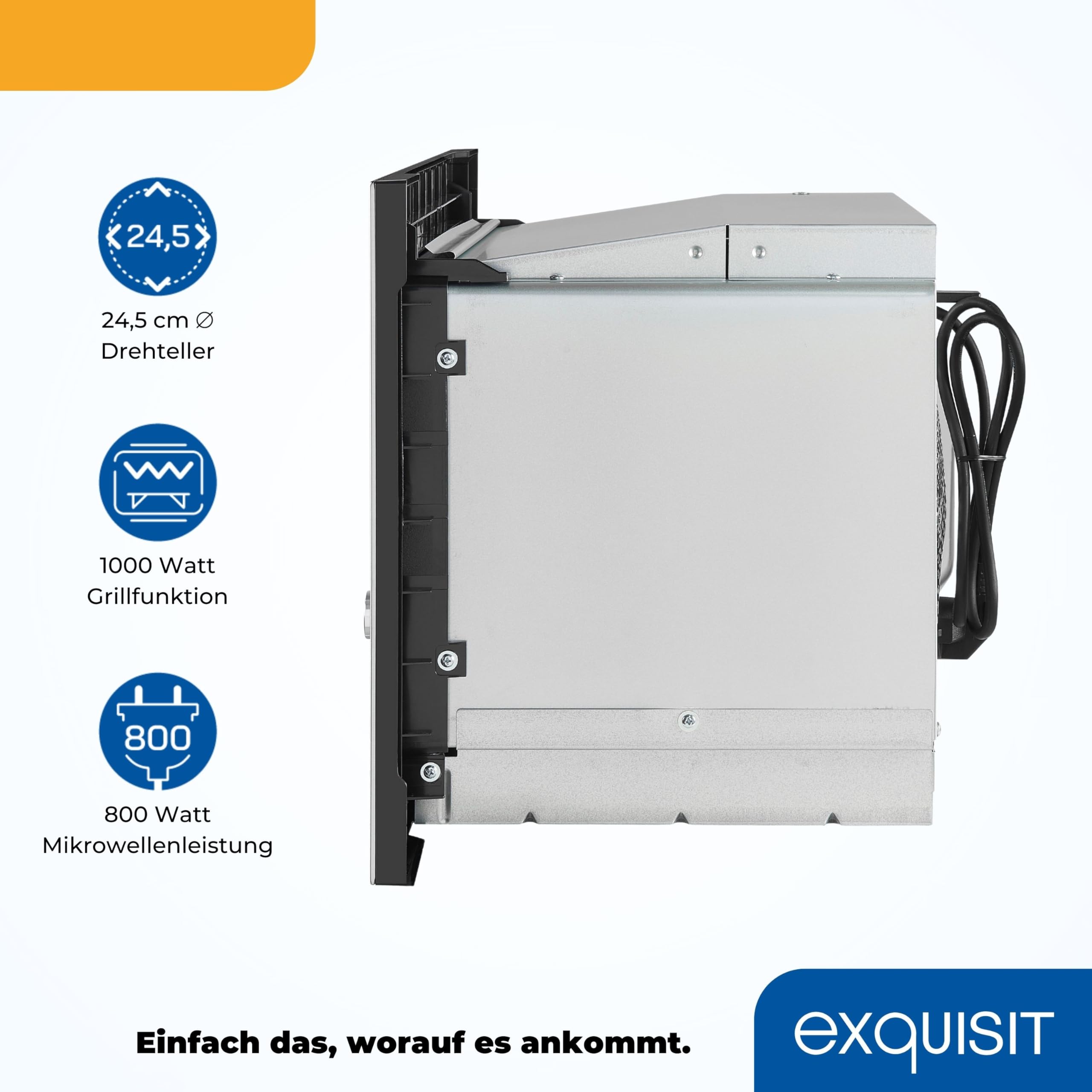 Exquisit Einbaumikrowelle mit Grill, 20 L, 800 W, Inoxlook | Nischenmaß 56 x 36,2 cm - 8 Autokochprogramme - 1000 W Grill - Timer - 5 Leistungsstufen - Drehteller 24,5 cm