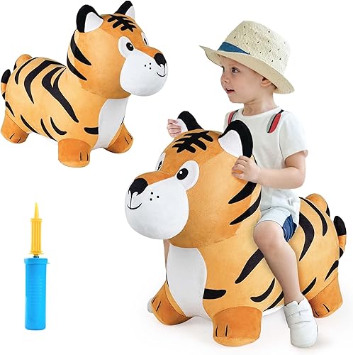 iPlay, iLearn Bouncy Pals - Juguete de tolva de tigre, caballo saltador para niños pequeños, gorila de animales con bomba, jinete inflable que