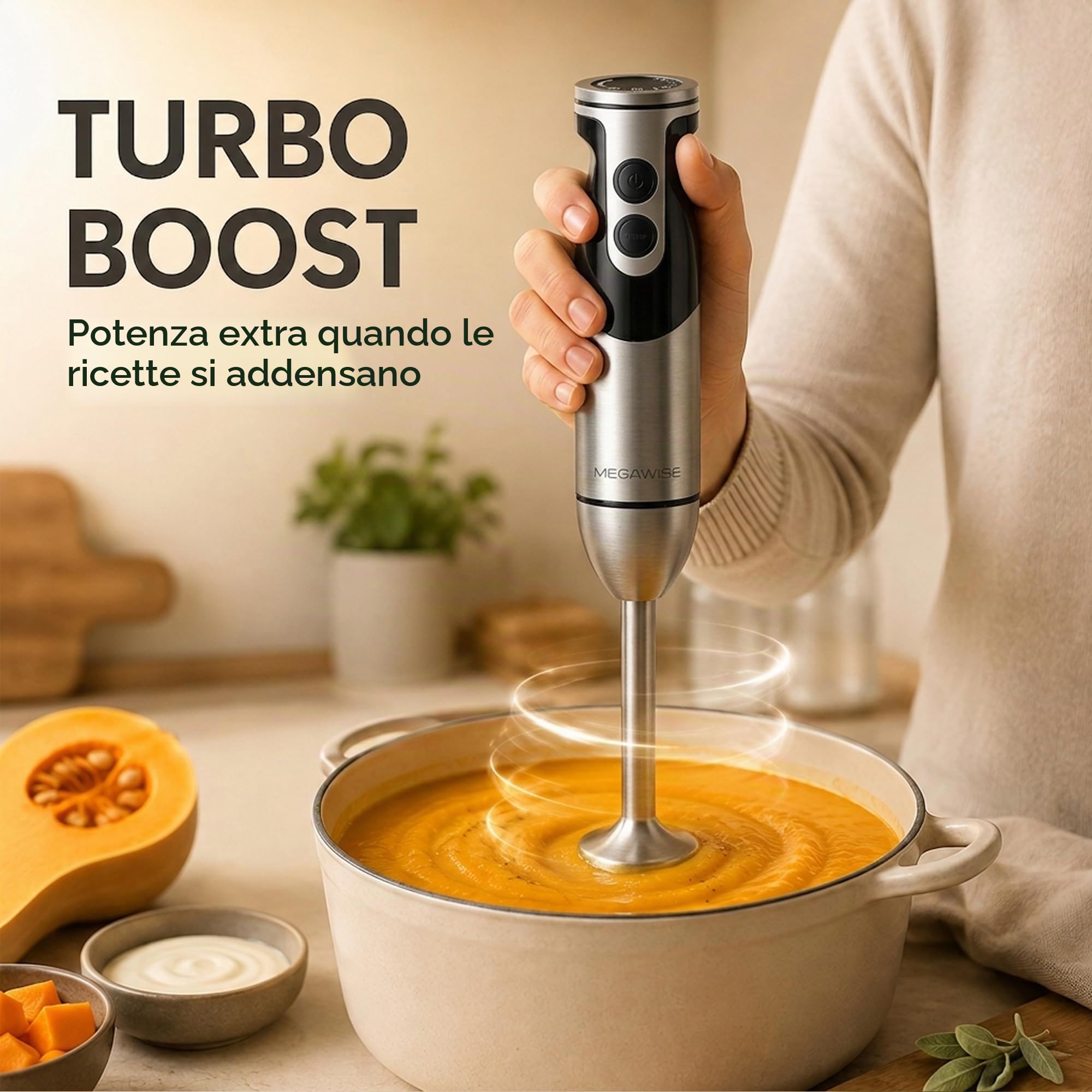 Set frullatore a immersione 3 in 1 MEGAWISE Pro, frullatore a immersione in titanio da 800 W con controllo a 12 velocità, frusta e schiumatore (nero)
