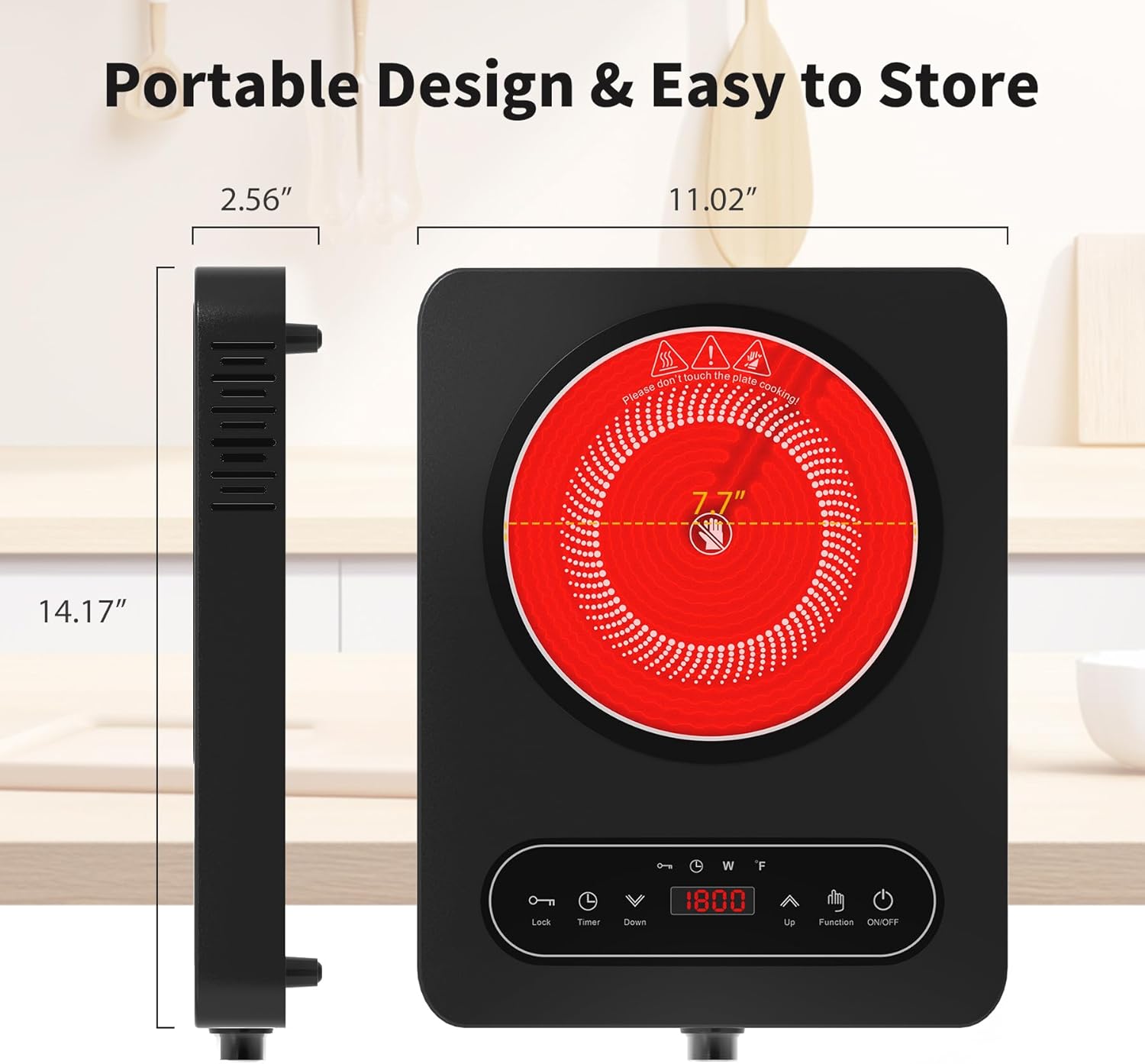 VBGK Single Burner Electric Cooktop, 110V 1800W Electric Cooktop with LED Touch Controls and Knob Controls, 10 Power Levels, 4-Hour Timer, Safety Lock, Single Burner Overheat Protection