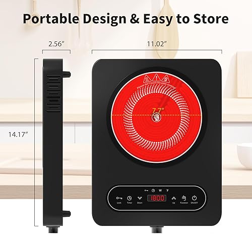 Miniatura 8 de VBGK Cocina eléctrica de un solo quemador, 110 V 1800 W con controles táctiles LED y controles de perilla, 10 niveles de potencia, temporizador de 4