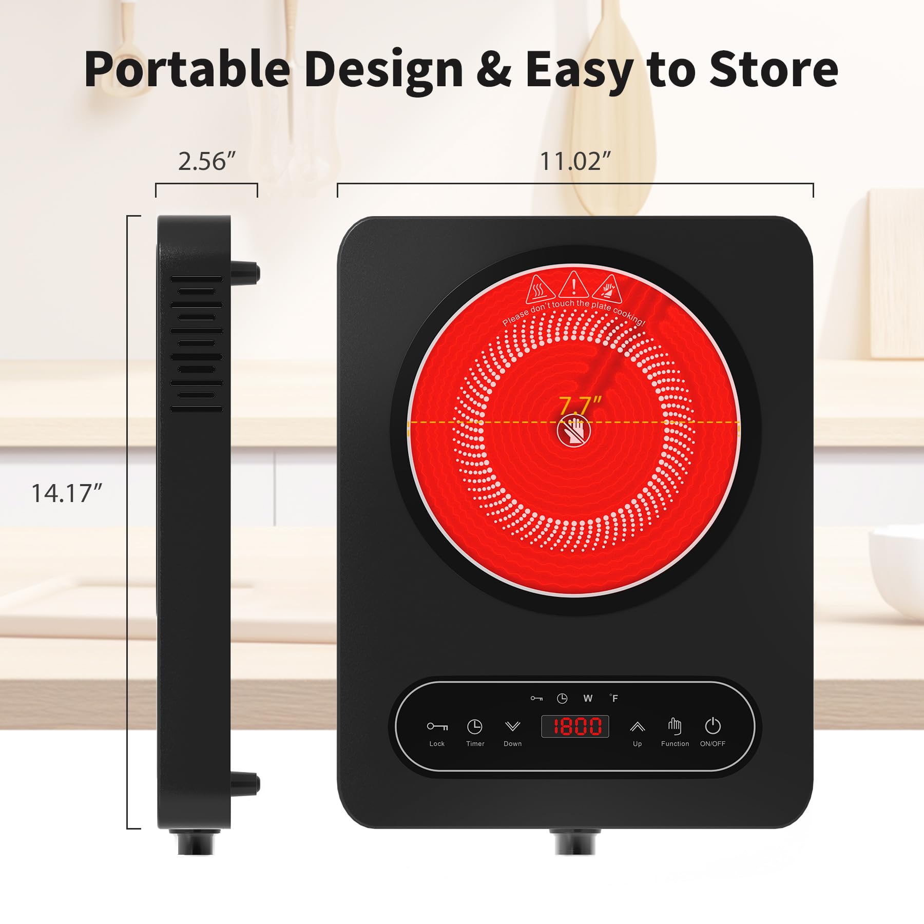 Single Burner Electric Cooktop, 110V 1800W Electric Cooktop with LED Touch Controls and Knob Controls, 10 Power Levels, 4-Hour Timer, Safety Lock, Single Burner Overheat Protection 8