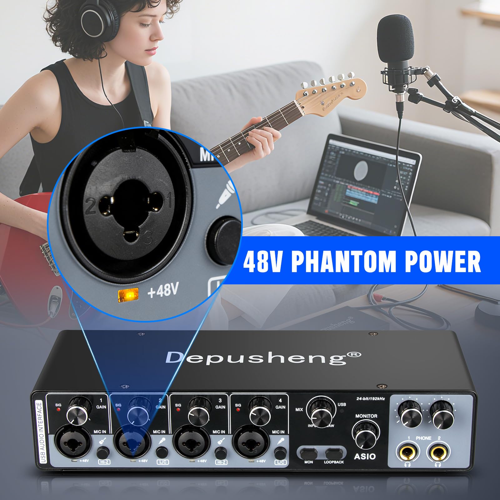 Depusheng USB Audio Interface with ASIO Drivers 4 Channel | Grabación de Audio