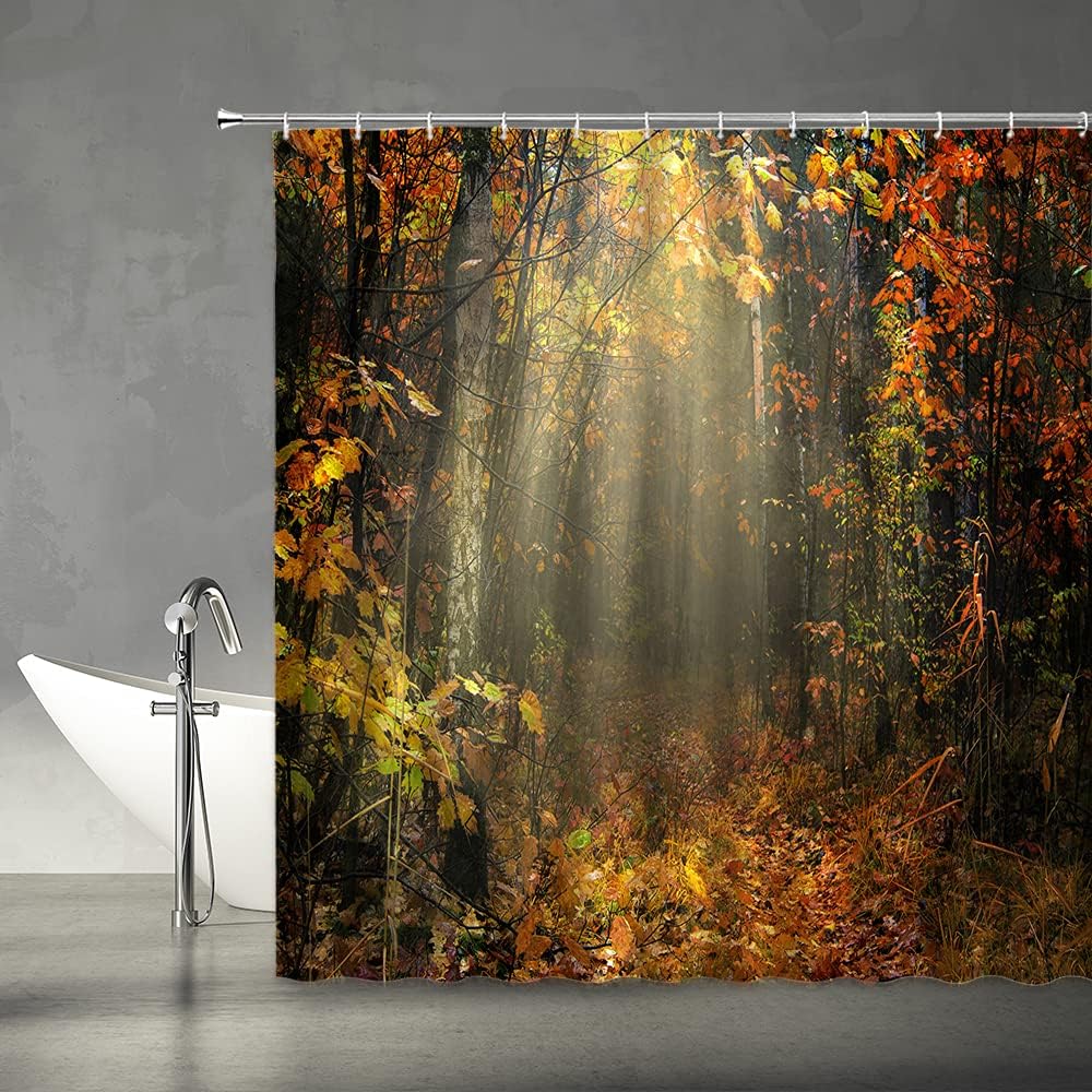 Fall Forest Shower Curtain Autumn Tree Sunshine Branches Fallen Leaves Mysterious Nature Plant Fabric Bathroom Decor Set with Hooks(70" Wx74.8 H)