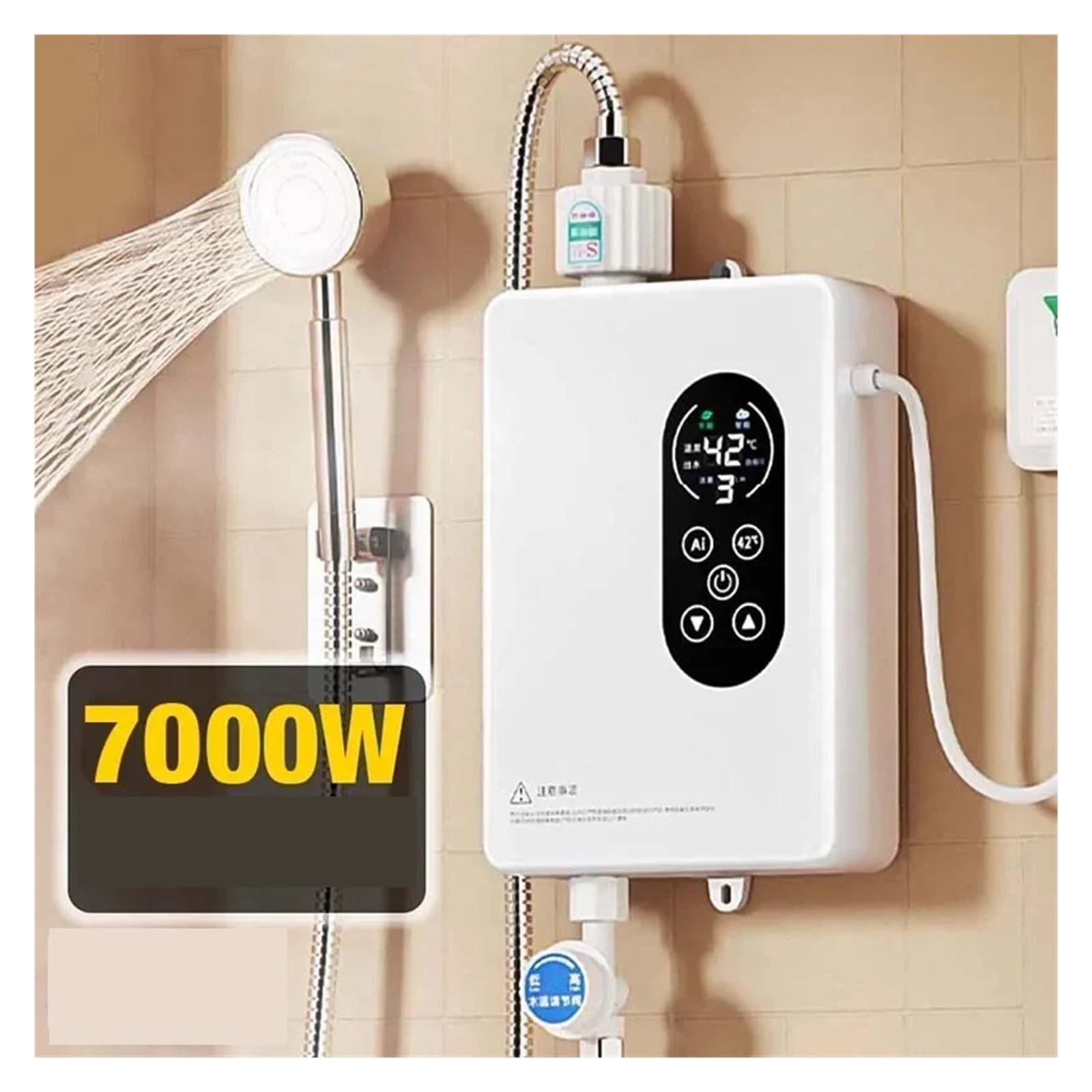 Podgrzewacz wody przepływowy, 5500/7000W Natychmiastowy Podgrzewacz Wody Inteligentny Elektryczny Prysznic Bezzbiornikowy Natychmiastowy Podgrzewacz Wody Termostat Do Kuchni Łazienkowej(Black 7000W)