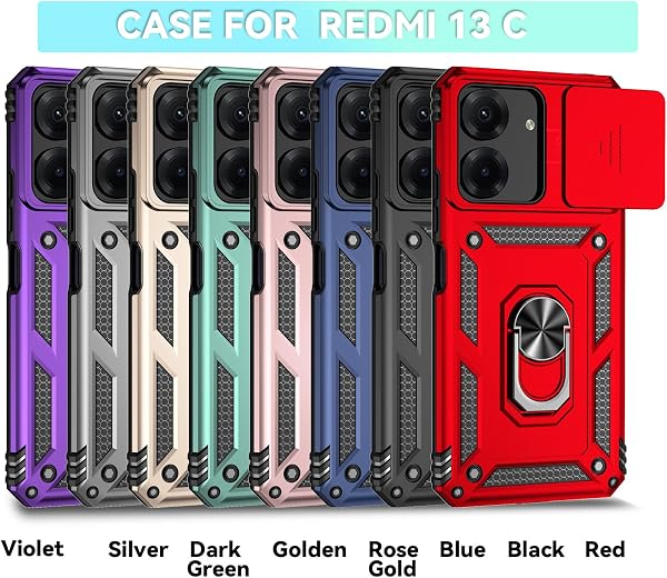 Jiyu Funda Compatible con Xiaomi Redmi 13C/ Poco C65 Carcasă Armor Militar Cubierta de Cámara Deslizante Proteger Fundas con 360 Full Protección Anillo Soporte Silicona Estuche Cover Case,Negro - 2