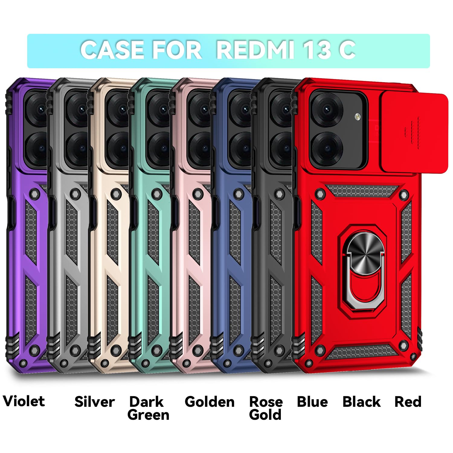 Jiyu Funda Compatible con Xiaomi Redmi 13C/ Poco C65 Carcasă Armor Militar Cubierta de Cámara Deslizante Proteger Fundas con 360 Full Protección Anillo Soporte Silicona Estuche Cover Case,Negro - 2