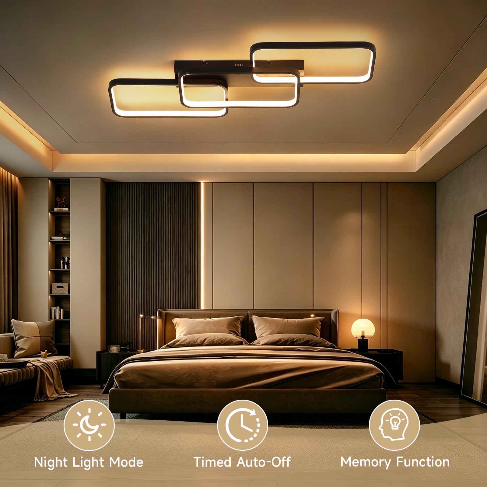 OTREN Lampa sufitowa LED 60 W, 6000 lm, regulowana za pomocą pilota 3000 K, 6500 K, pamięć i blokada, lampka nocna i timer do salonu, sypialni, kuchni, 82 cm, czarna