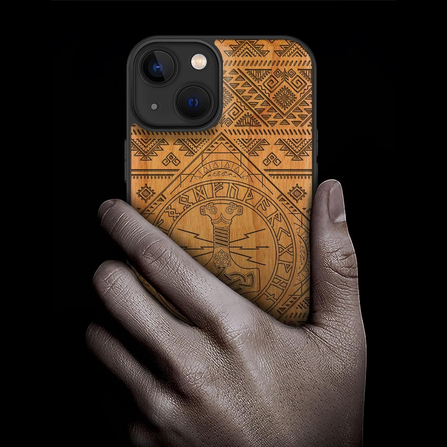 Carveit Magnetic Wood Case for iPhone 13 Case [Natural Wood & Black Soft TPU] Unique Wooden Shockproof Protective Cover Compatible with magsafe (Mjollnir -Cherry)