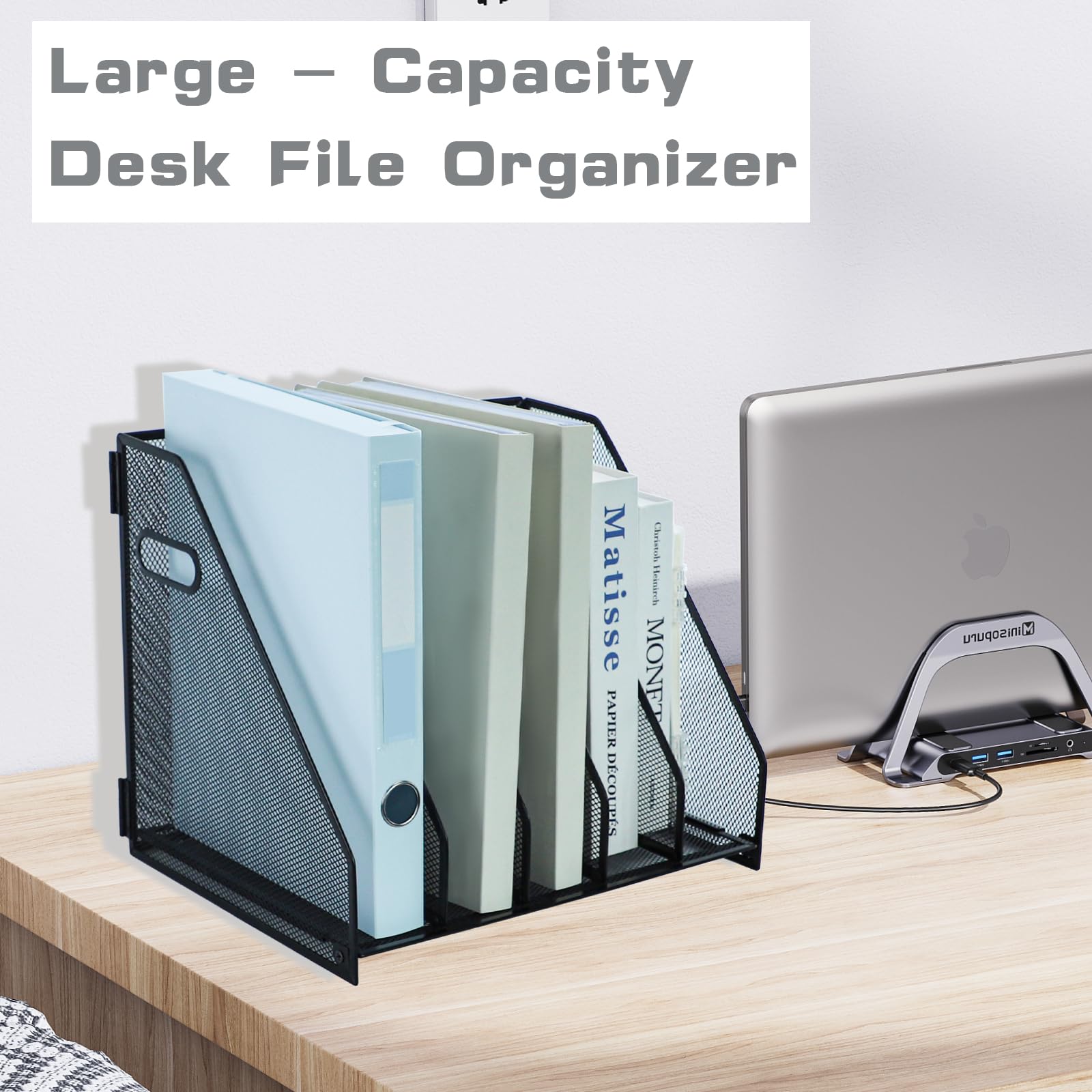 Organiseur de bureau en métal avec 5 compartiments verticaux pour bureau, espace de travail à domicile, noir